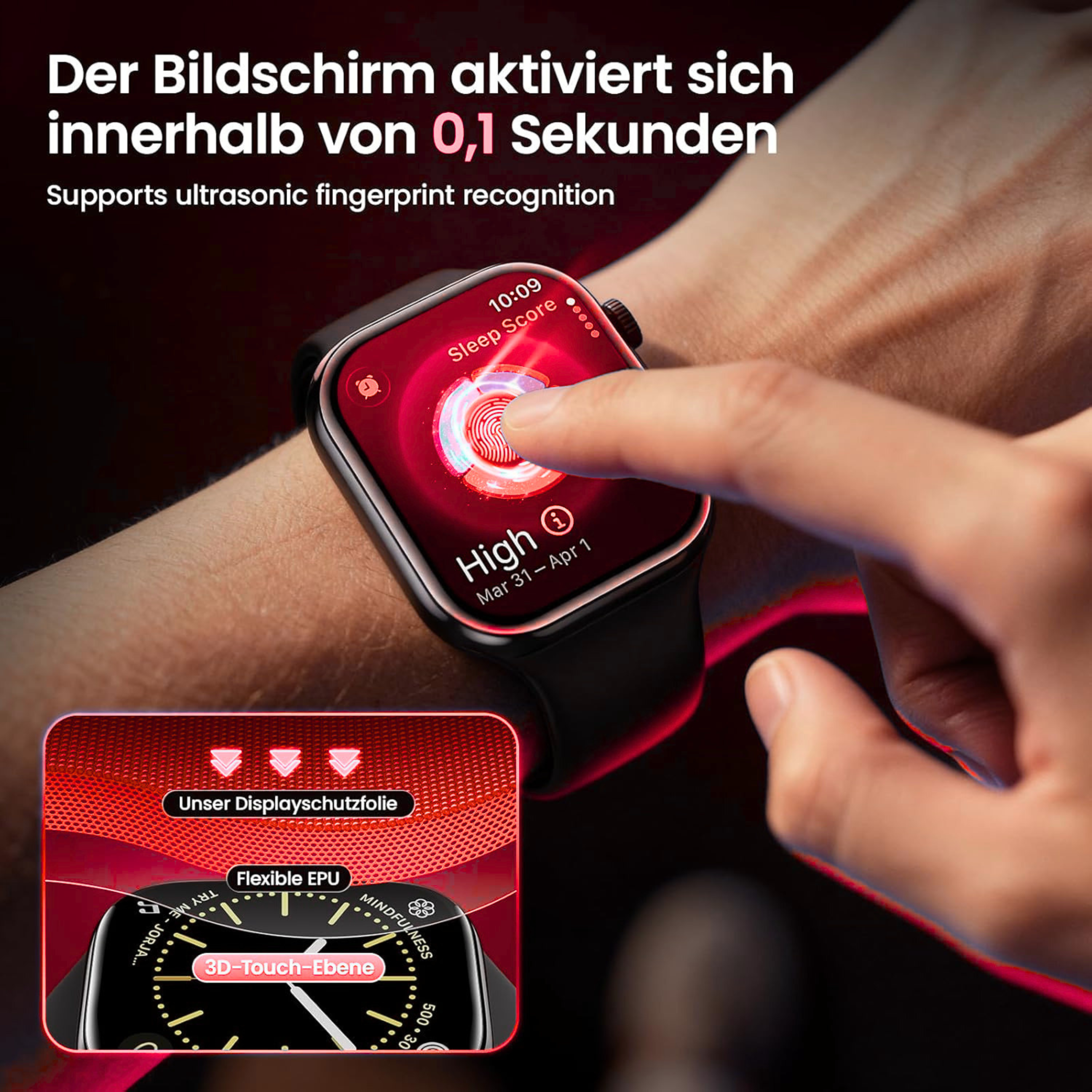 Eine Hand berührt den Bildschirm einer Smartwatch mit Fingerabdruck-Scan.