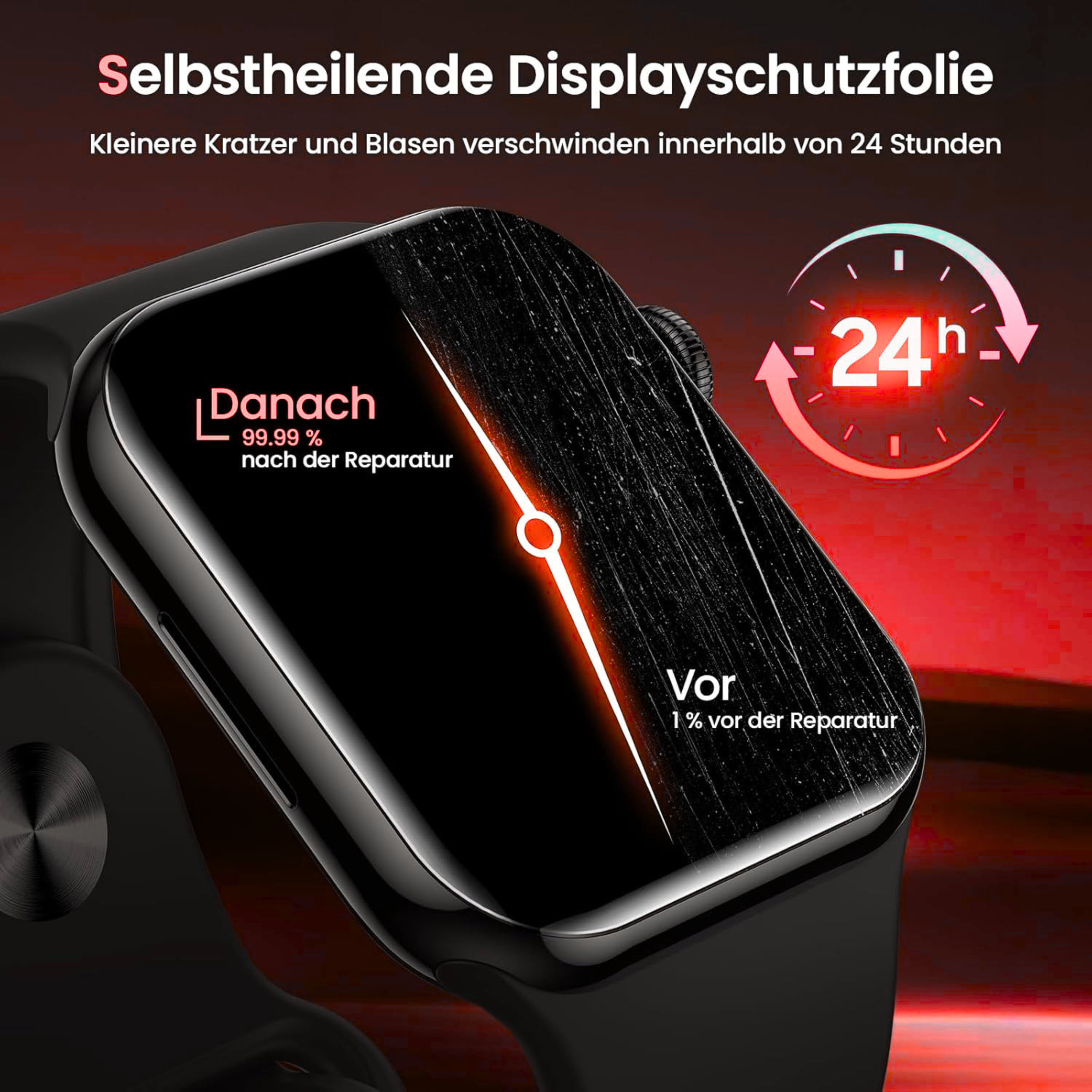 Smartwatch mit zerkratzter Displayschutzfolie, die sich in 24h repariert.