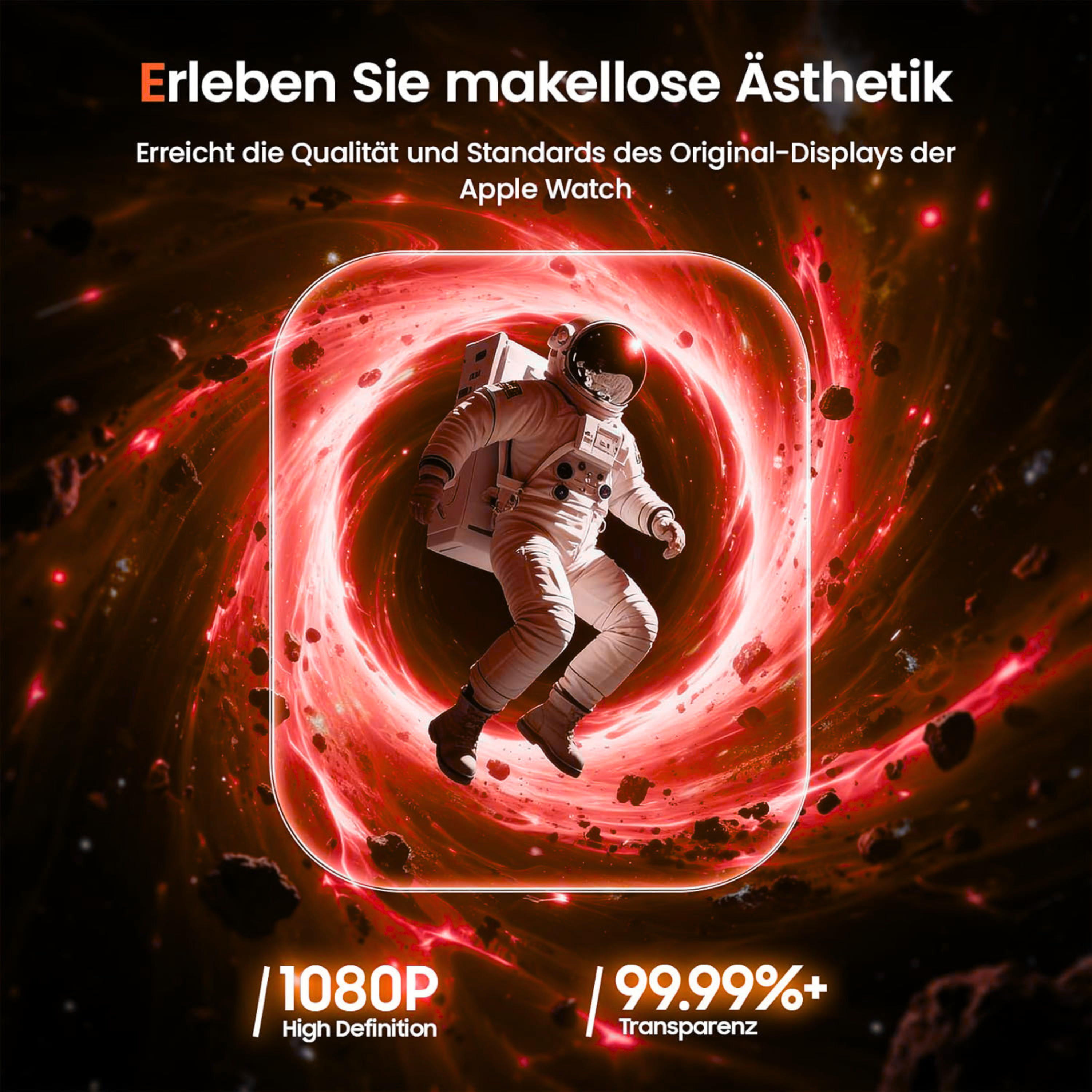 Ein Astronaut schwebt vor einem roten Strudel mit Asteroiden. 1080P, 99.99% Transparenz.
