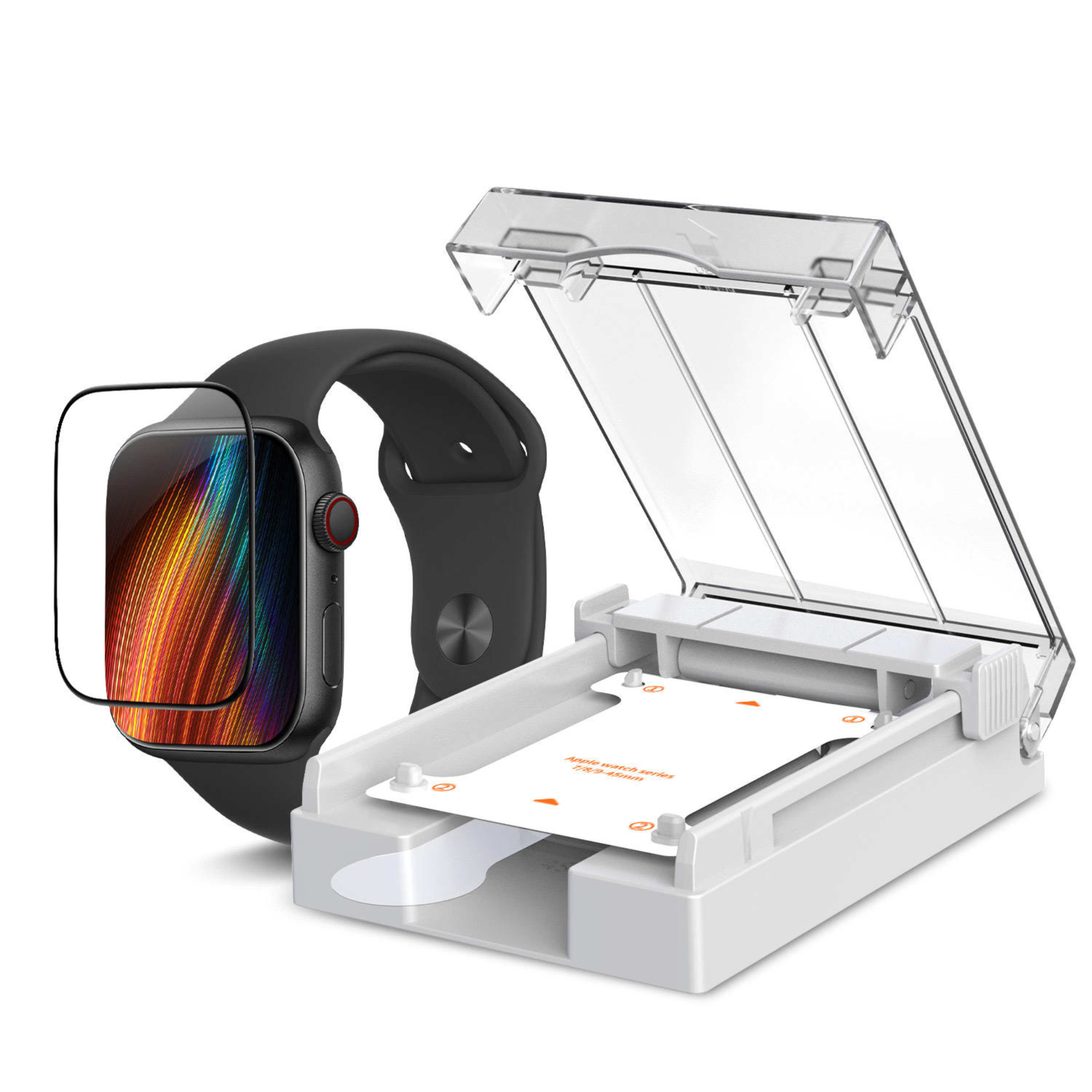 Schwarze Smartwatch mit Displayschutzfolie und weißem Aufbringungswerkzeug.