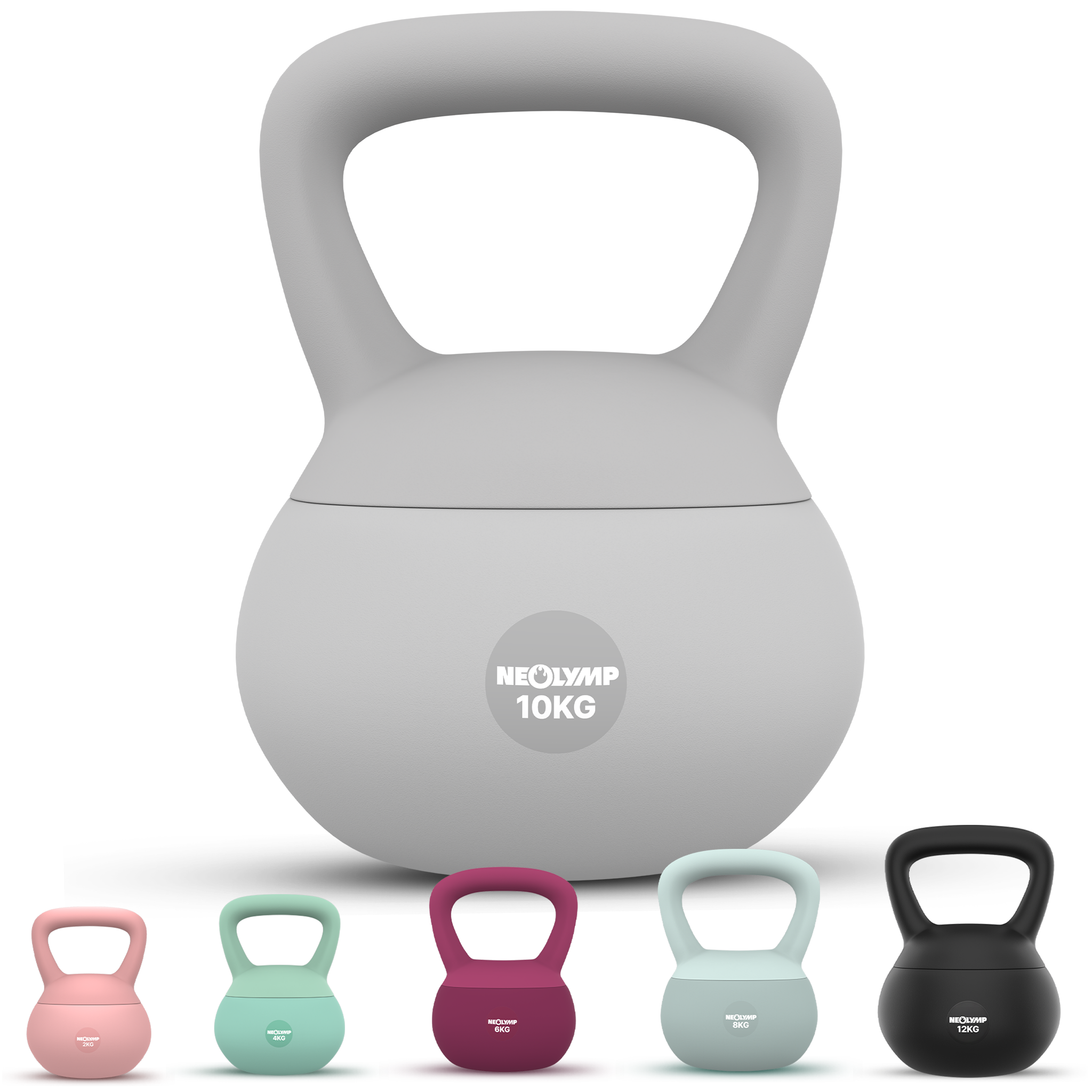 Sechs farbige Kettlebells in verschiedenen Größen und Gewichten auf weißem Hintergrund.