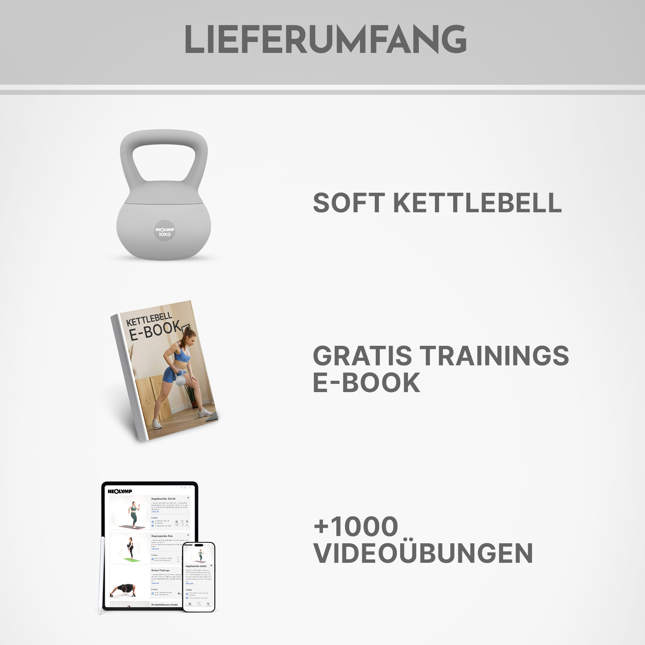 Ein graues Kettlebell, E-Book und Tablet zeigen Trainingsinhalte.