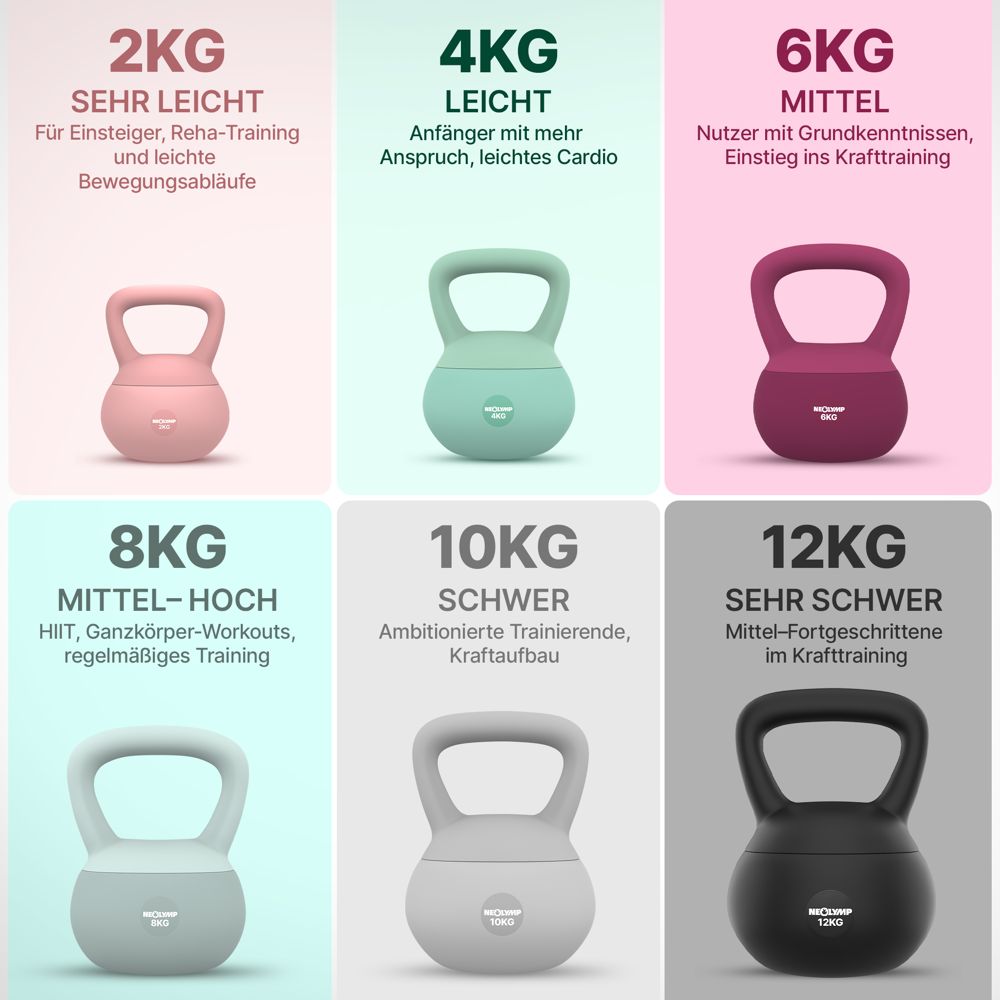Sechs Kettlebells in verschiedenen Gewichten und Farben mit Gewichtsangabe.