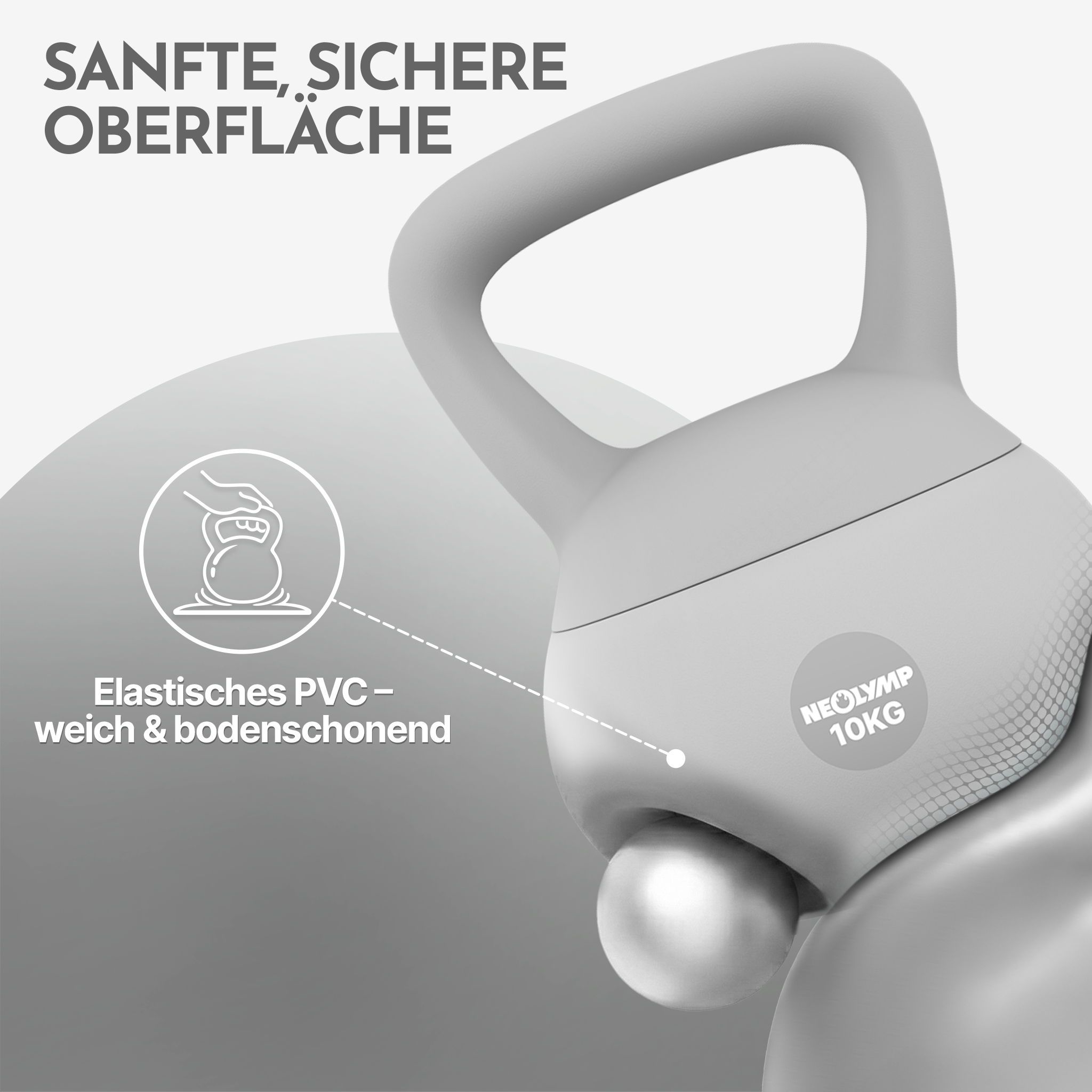 Graue Kettlebell mit 10 kg, sanfte, sichere Oberfläche, elastisches PVC.