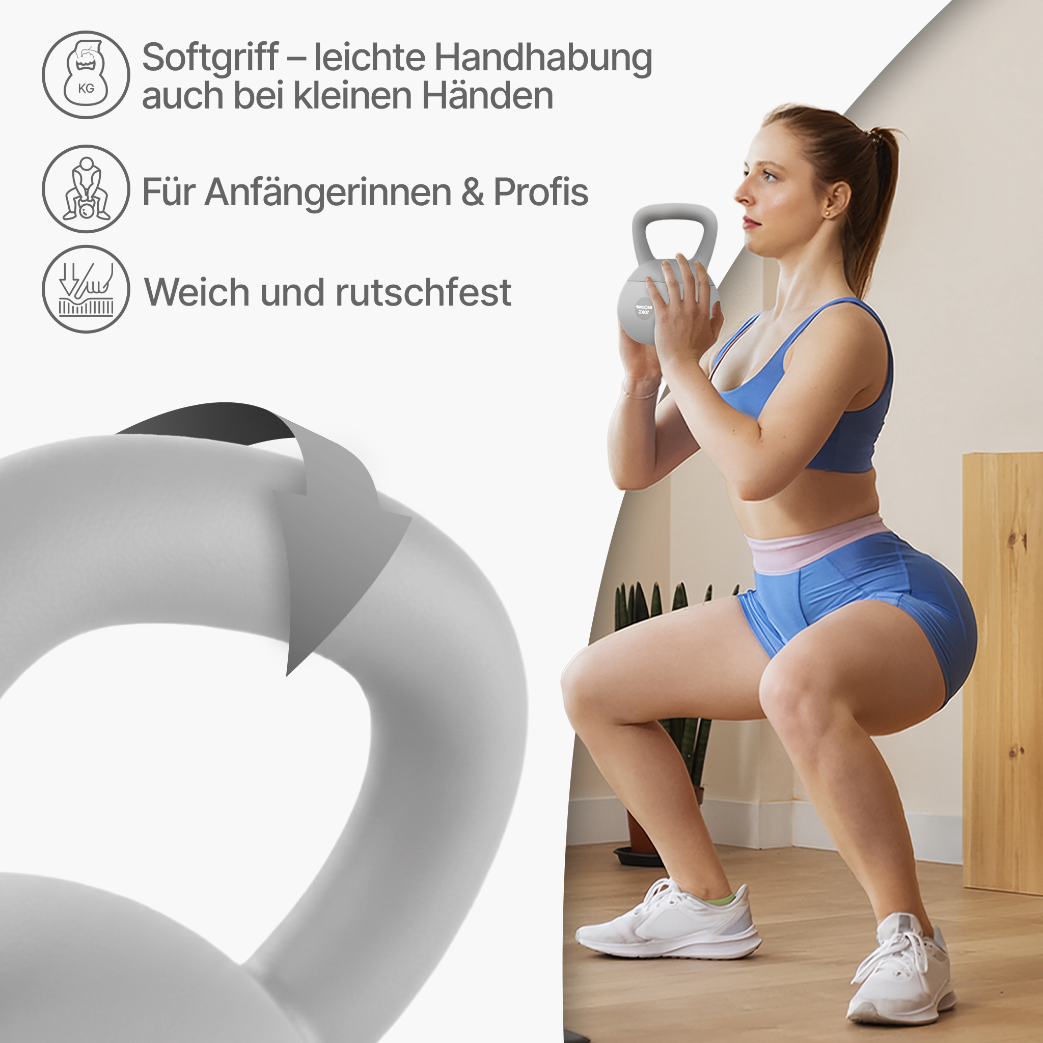 Eine Frau in Sportkleidung macht einen Kniebeuge mit einem Kettlebell.