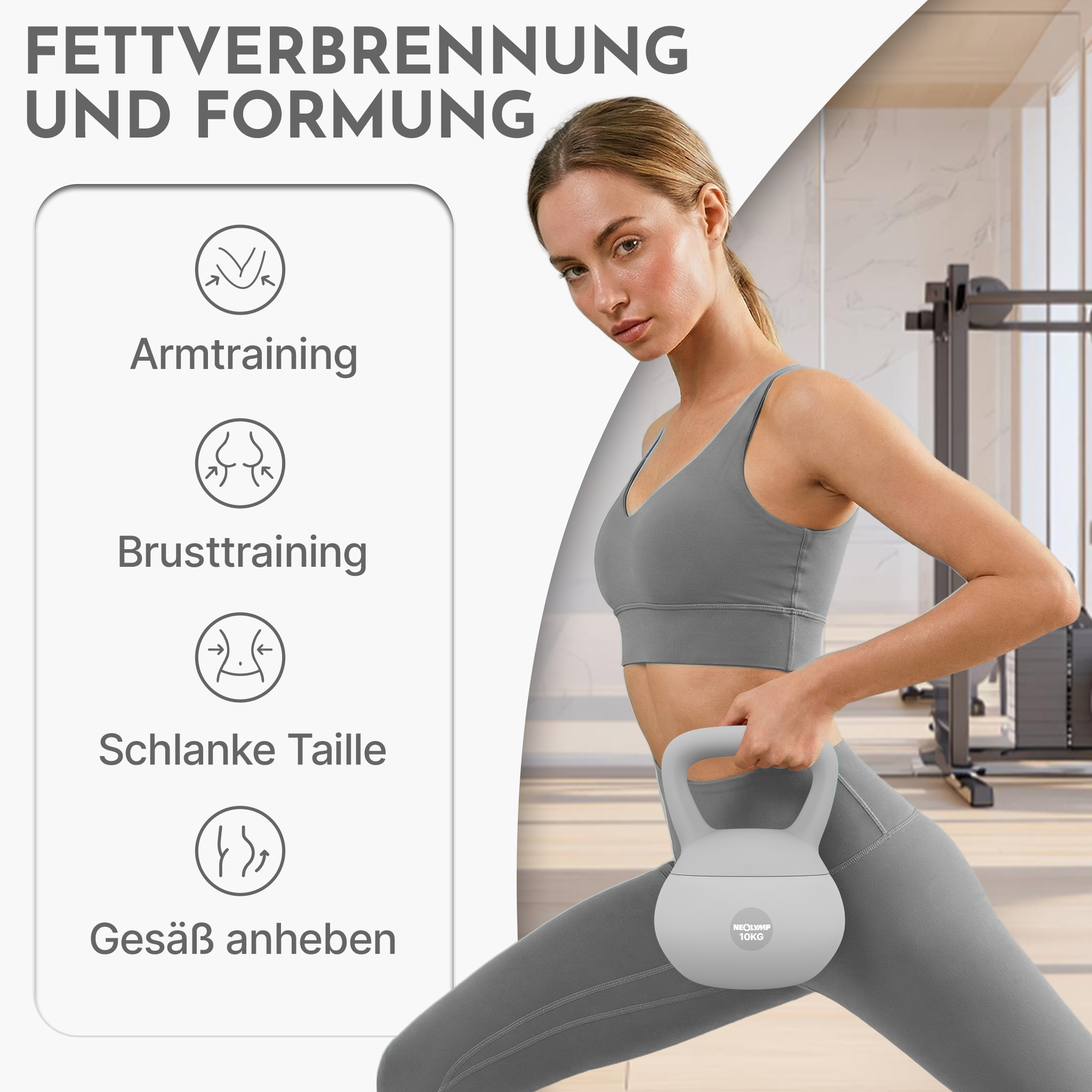 Frau in Sportkleidung hält Kettlebell. Text: Fettverbrennung und Formung.