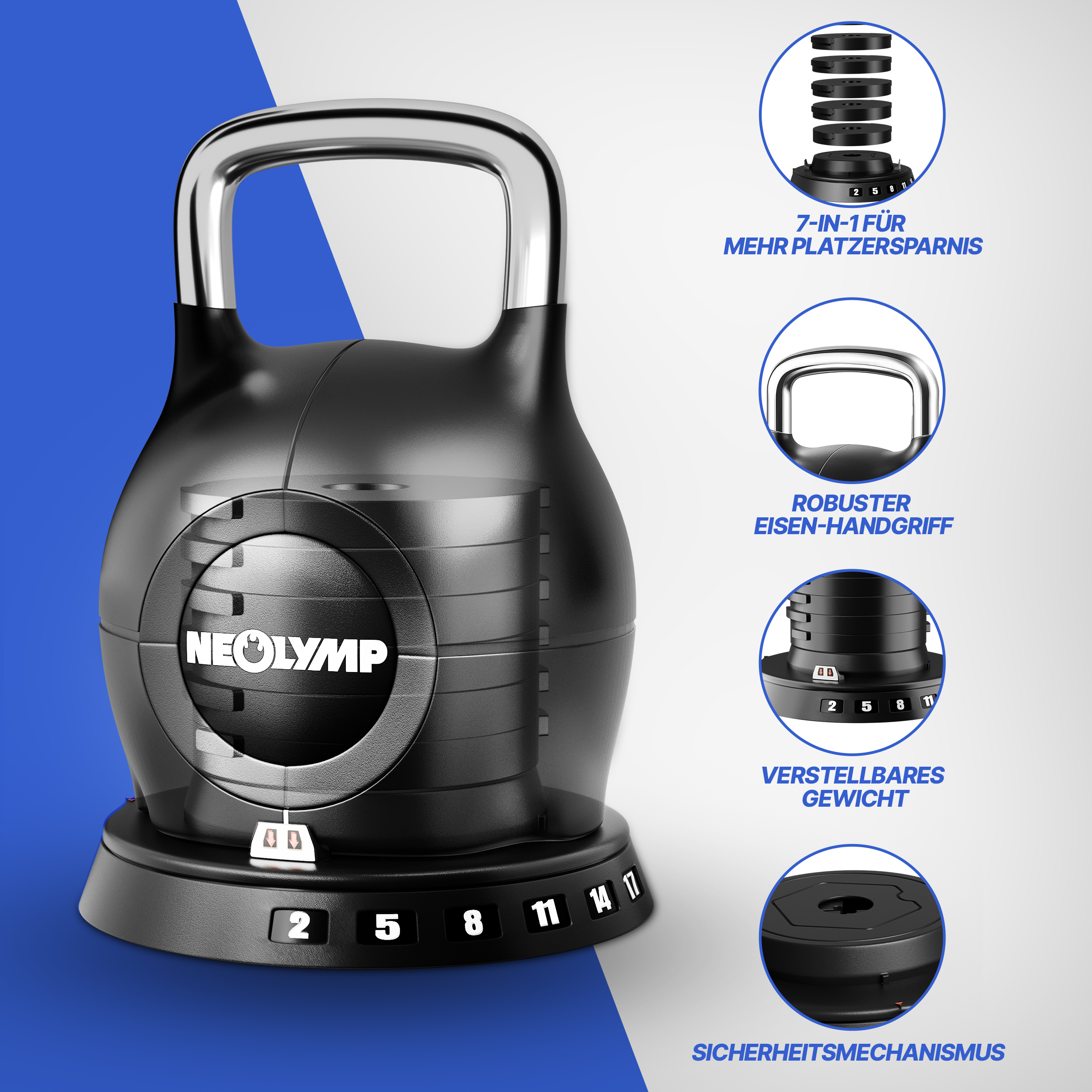 Schwarzer Kettlebell mit verstellbarem Gewicht und silbernem Griff.