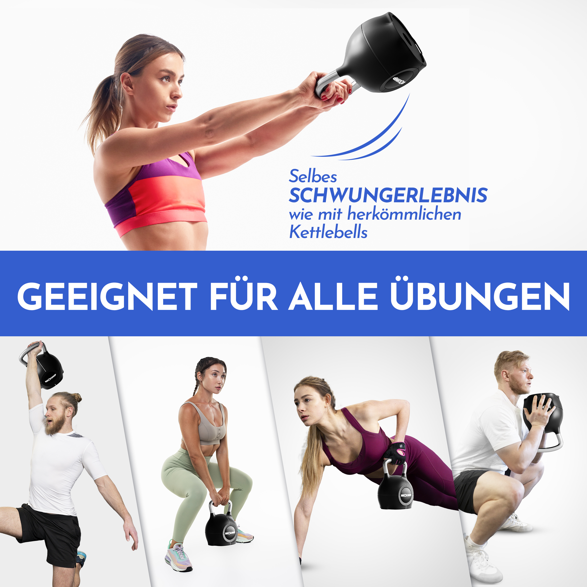 Vier Personen trainieren mit schwarzen Kettlebells. Eine Frau hält eine Kettlebell.
