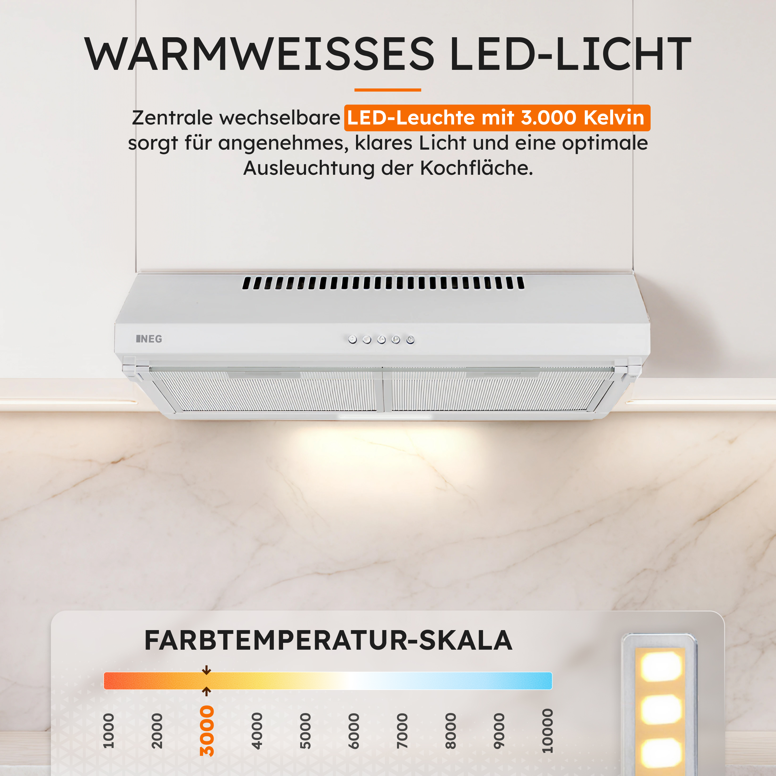 Ein weißer Dunstabzug mit LED-Licht und Farbtemperatur-Skala von 1000-10000 Kelvin.