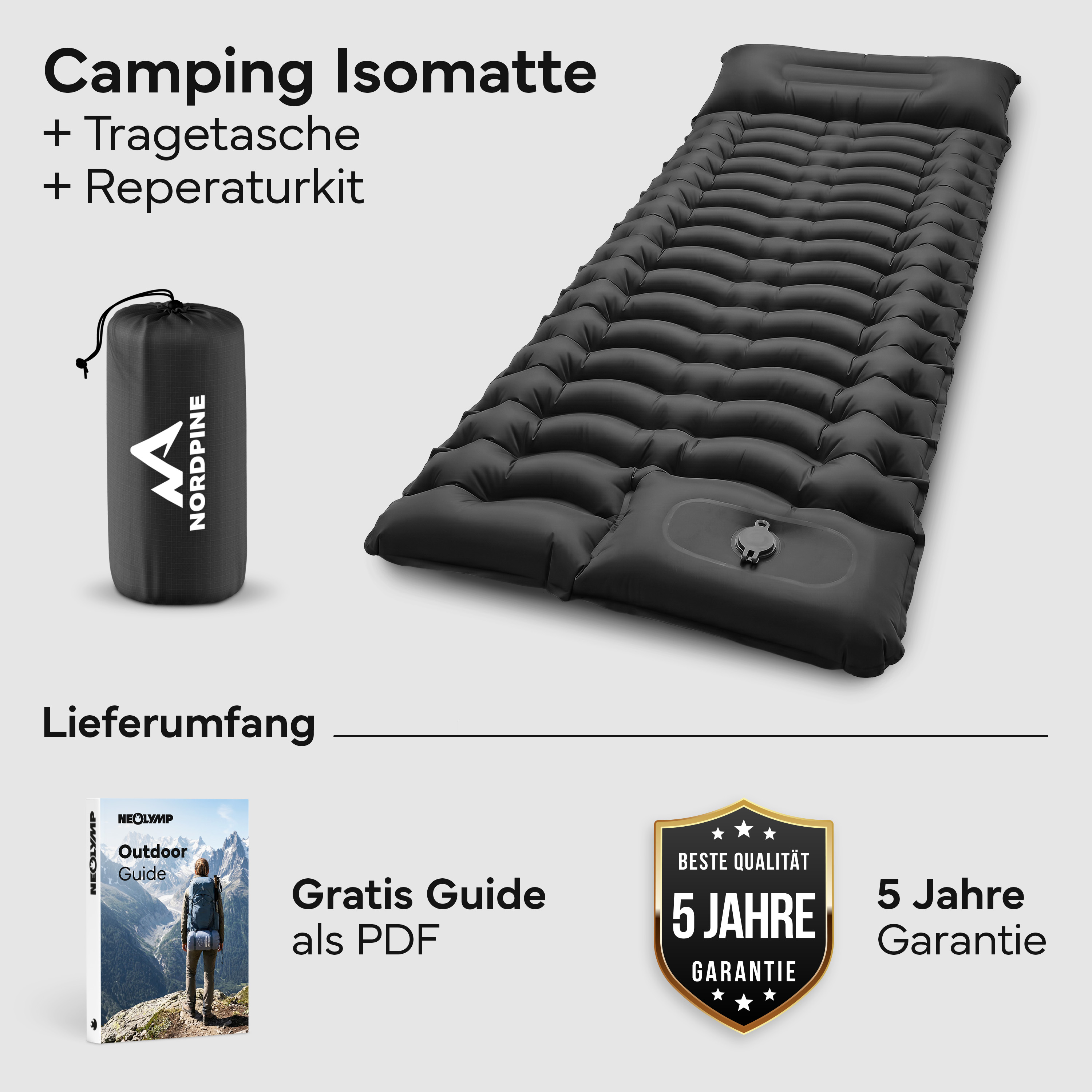 Schwarze Isomatte, Tragetasche und Outdoor-Guide mit Bergmotiv.