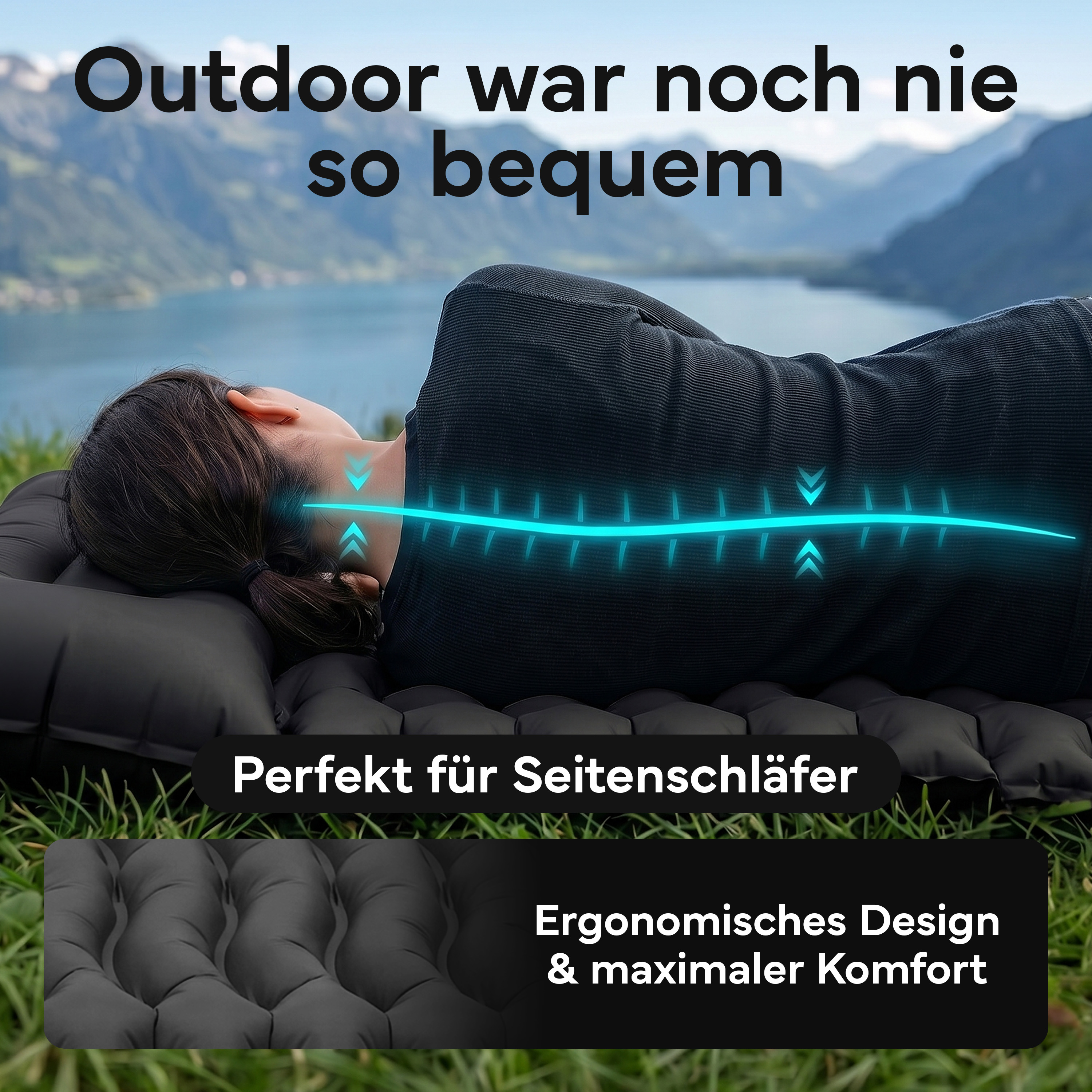 Eine Person liegt auf einer Luftmatratze im Freien, mit Bergen und See im Hintergrund.