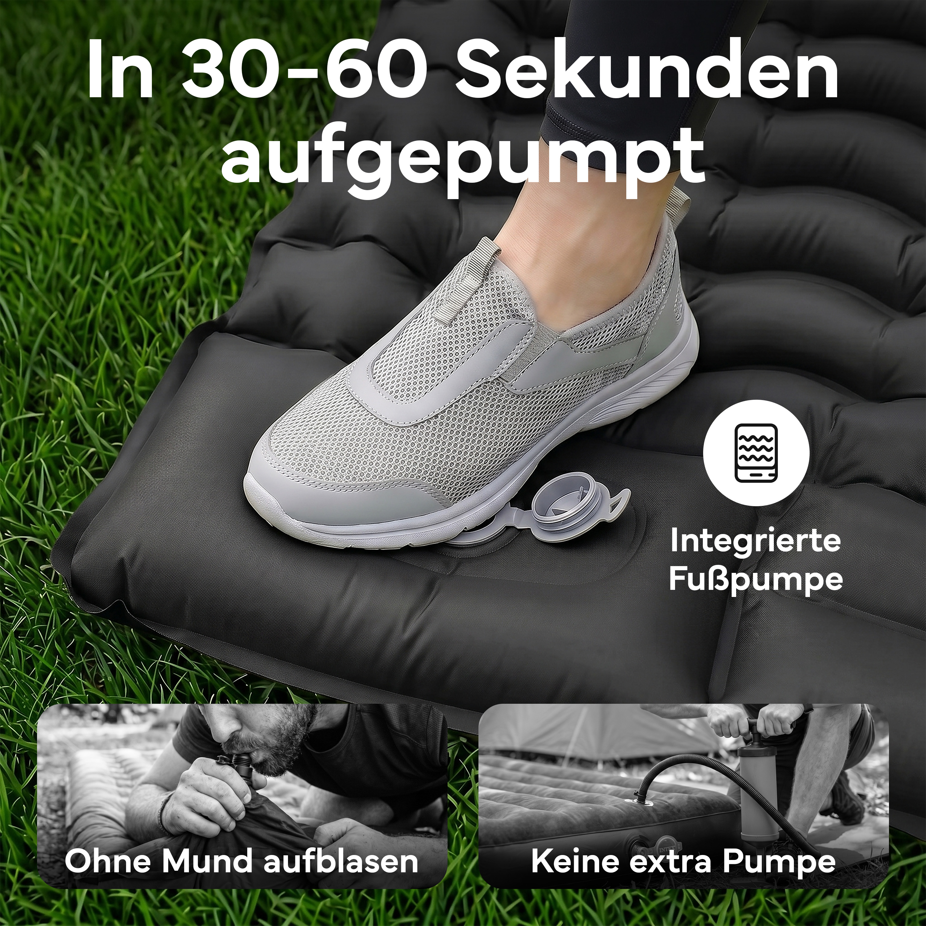 Aufblasbare Matte mit integrierter Fußpumpe. Ohne Mund aufblasen.