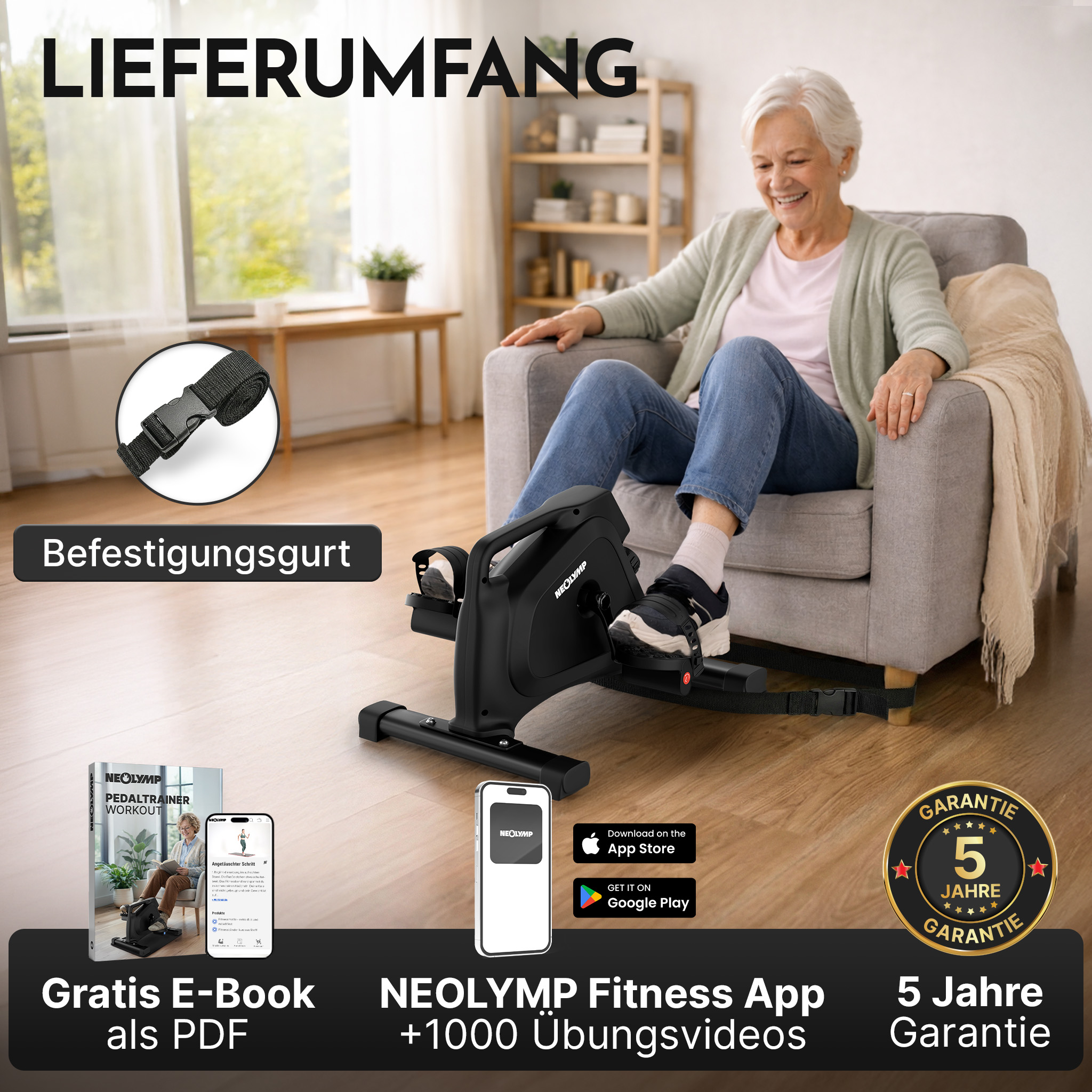 Ältere Frau trainiert mit einem Tret-Ergometer zu Hause. Produktinfo im Vordergrund.