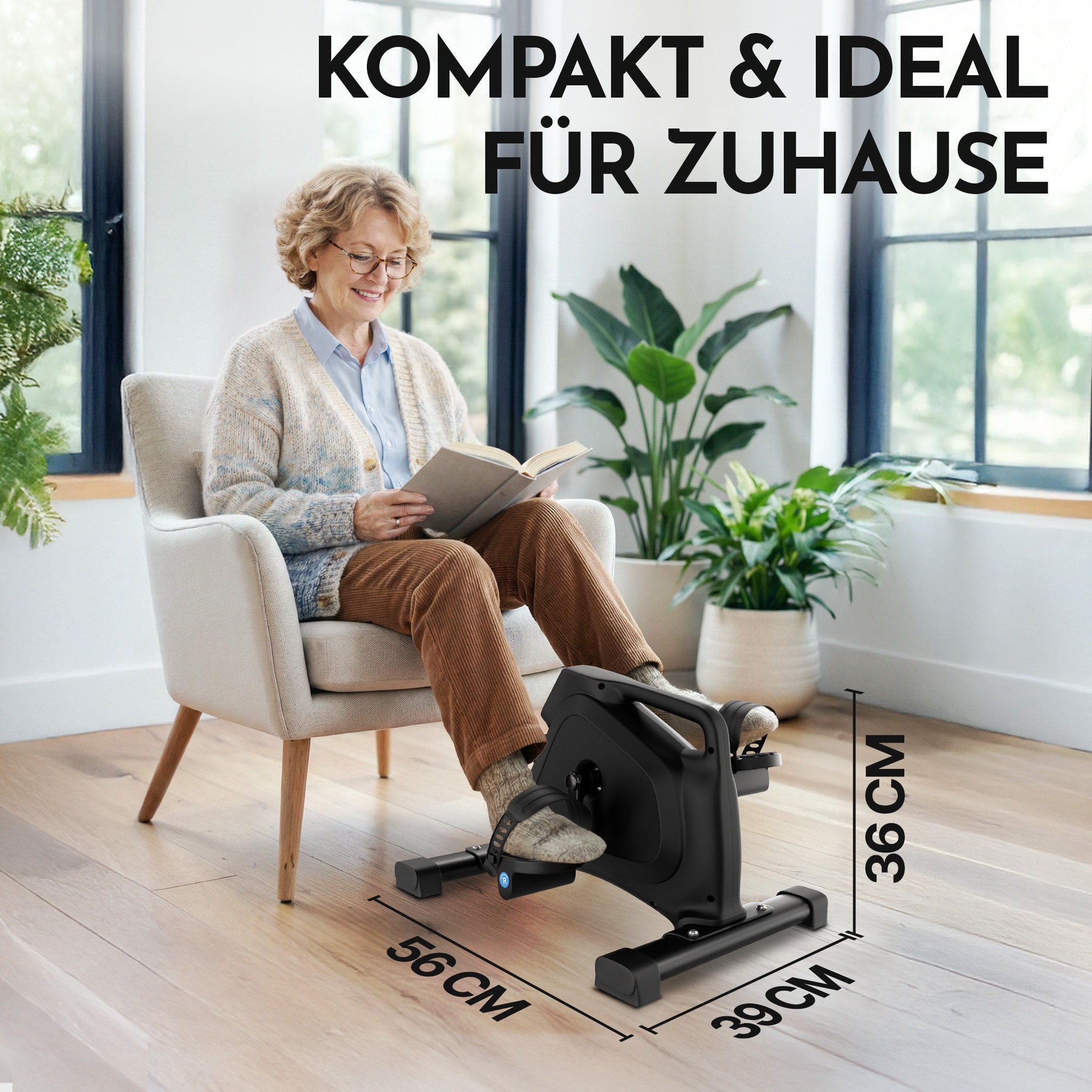 Ältere Frau liest Buch auf Stuhl, Beintrainer daneben.