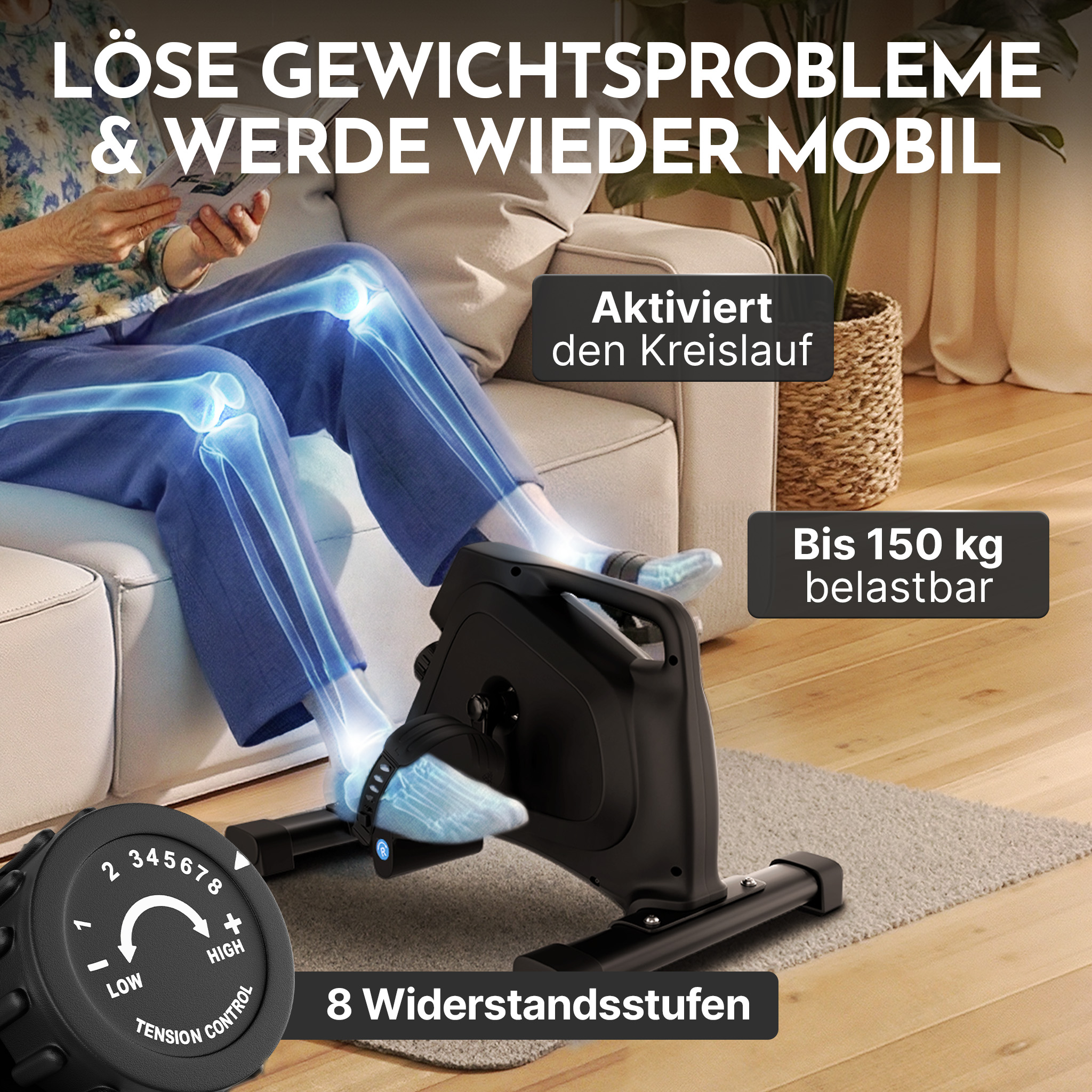 Eine Person nutzt ein Heimtrainer mit sichtbaren Bein- und Knieknochen-Animationen.