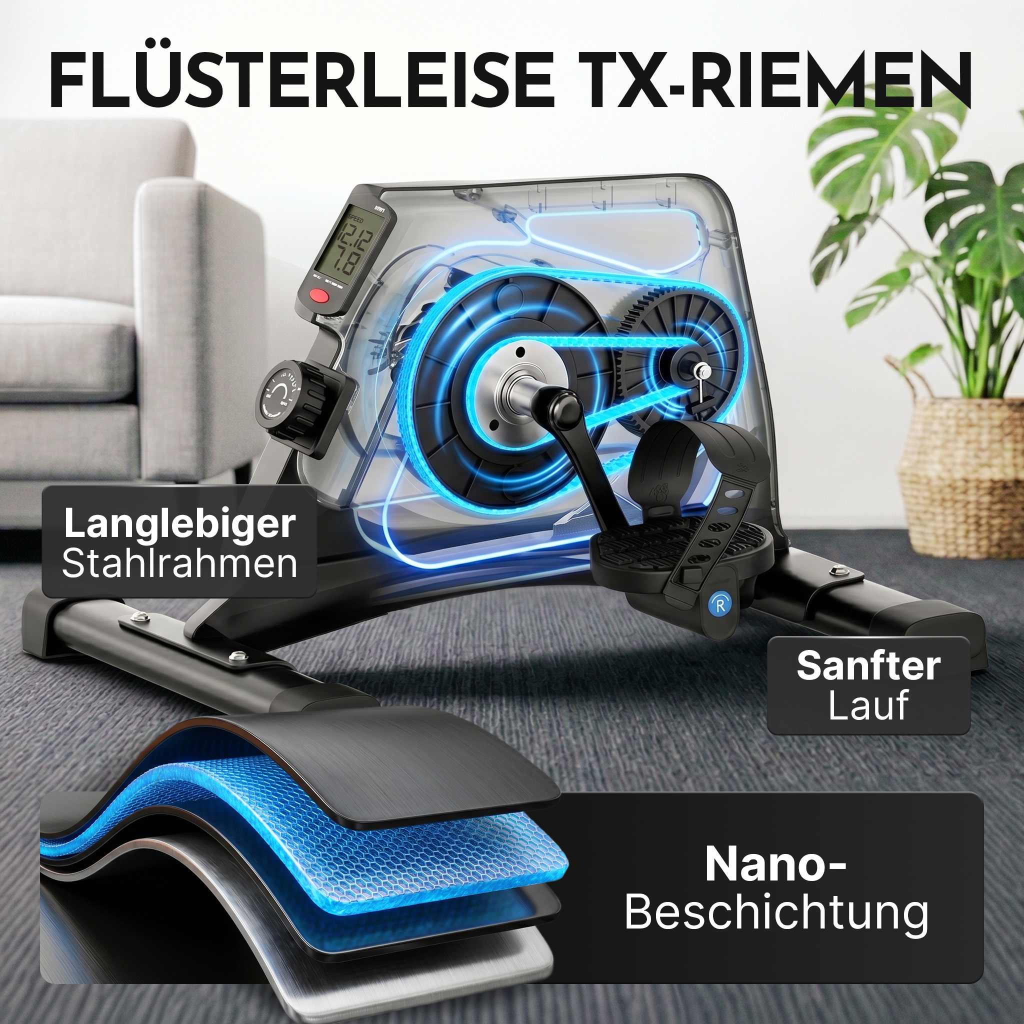 Detailansicht eines Heimtrainers mit Fokus auf Riemenantrieb und Stahlrahmen.