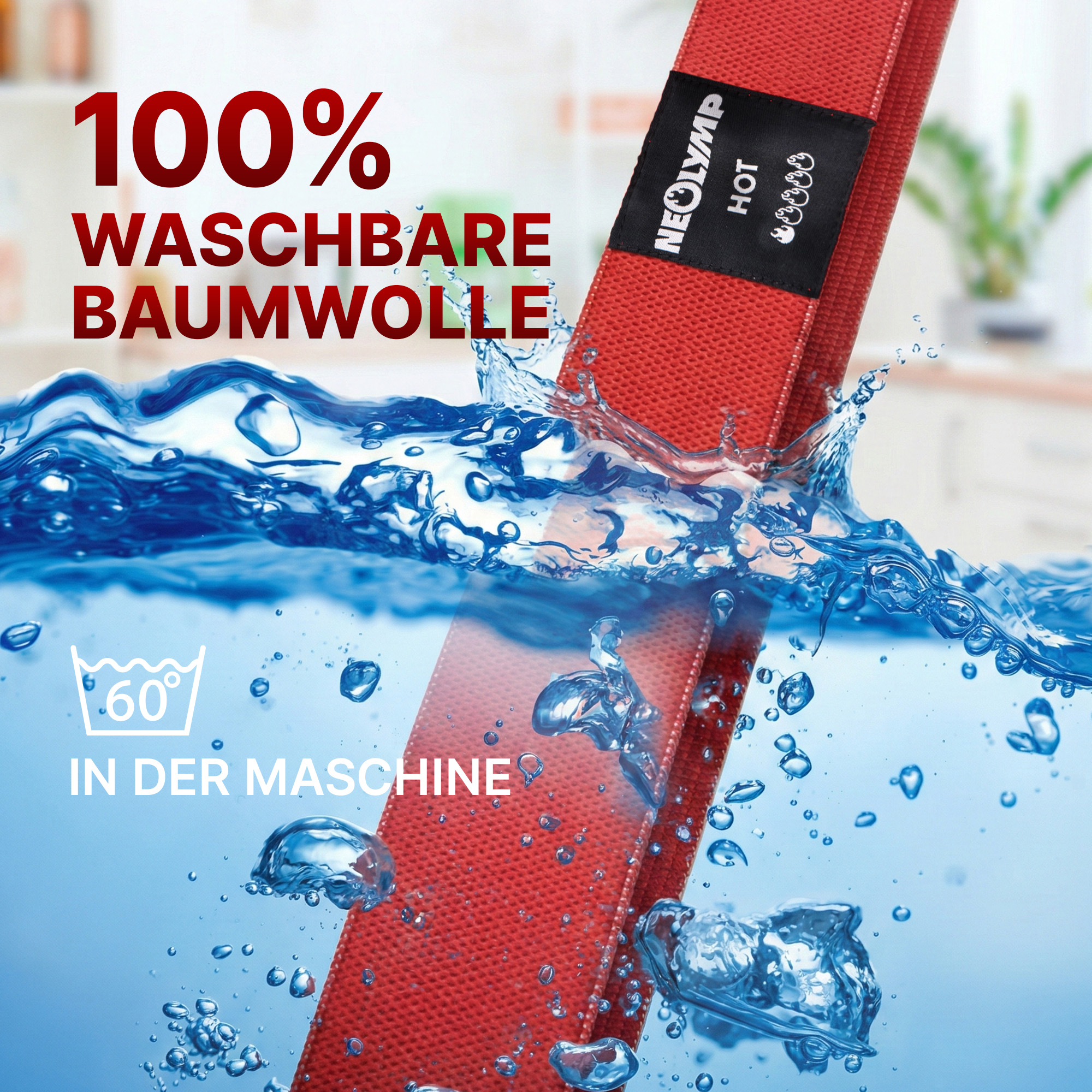Roter Gurt mit "100% waschbare Baumwolle" und Waschsymbol bei 60°C.