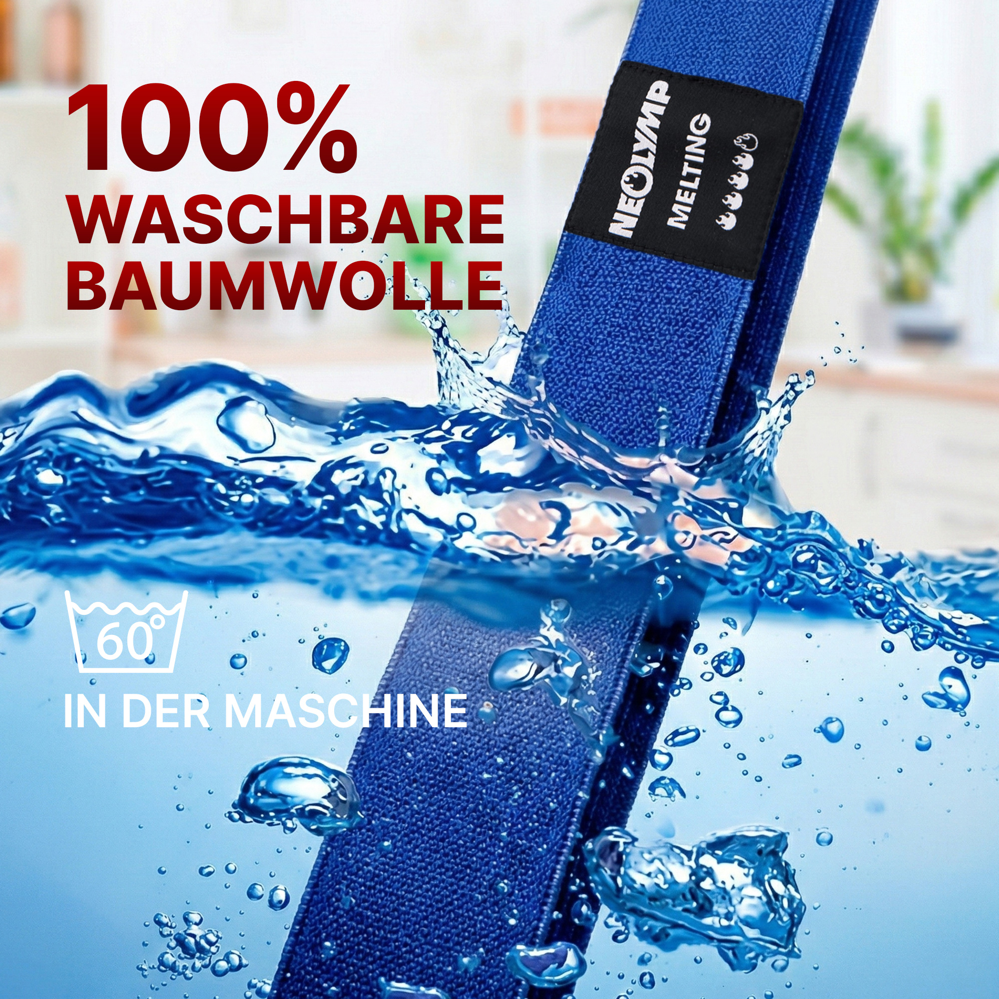 Blauer Gurt wird in 60°C Wasser gewaschen. 100% waschbare Baumwolle.