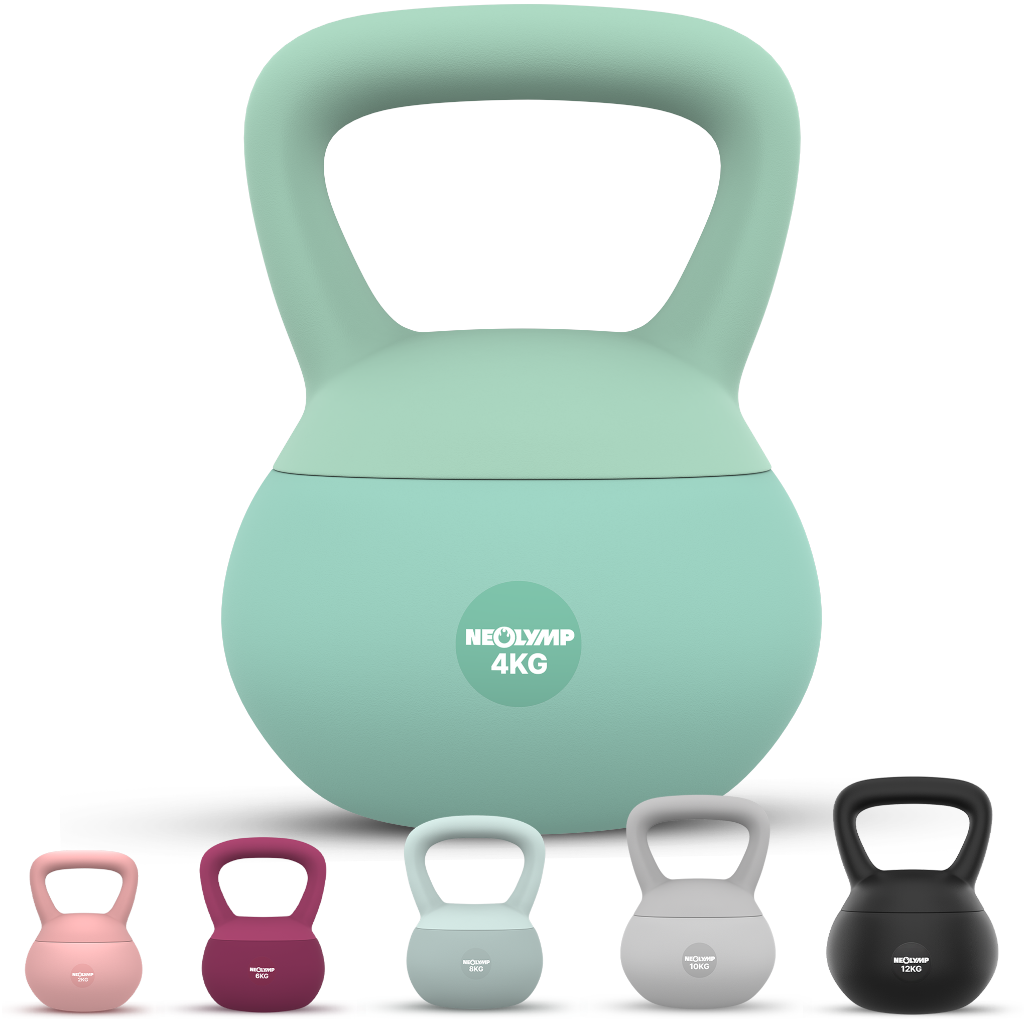 Eine Sammlung von Kettlebells in verschiedenen Farben und Gewichten. Eine große, türkisfarbene Kettlebell ist im Hintergrund.