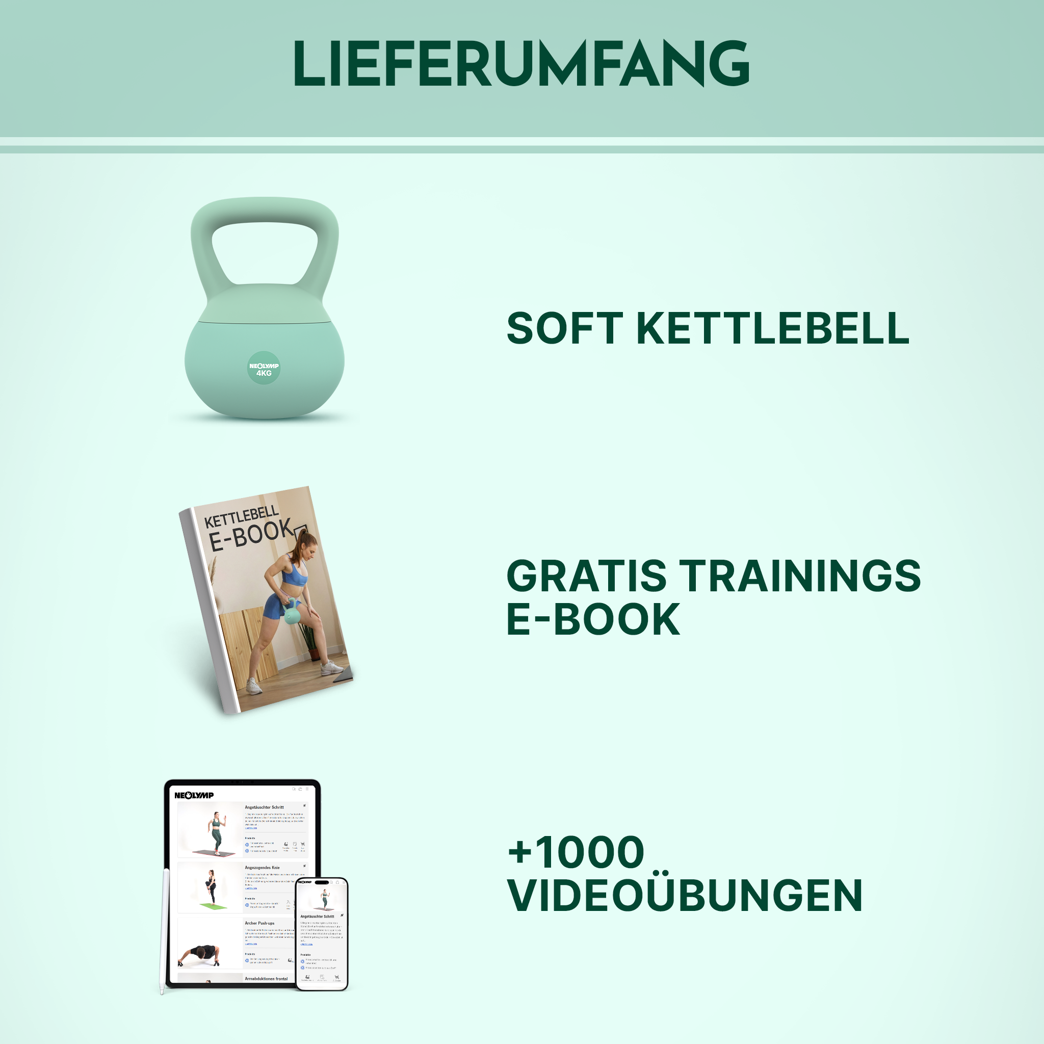 Türkisene Kettlebell, E-Book und Tablet mit Übungen. "Lieferumfang".