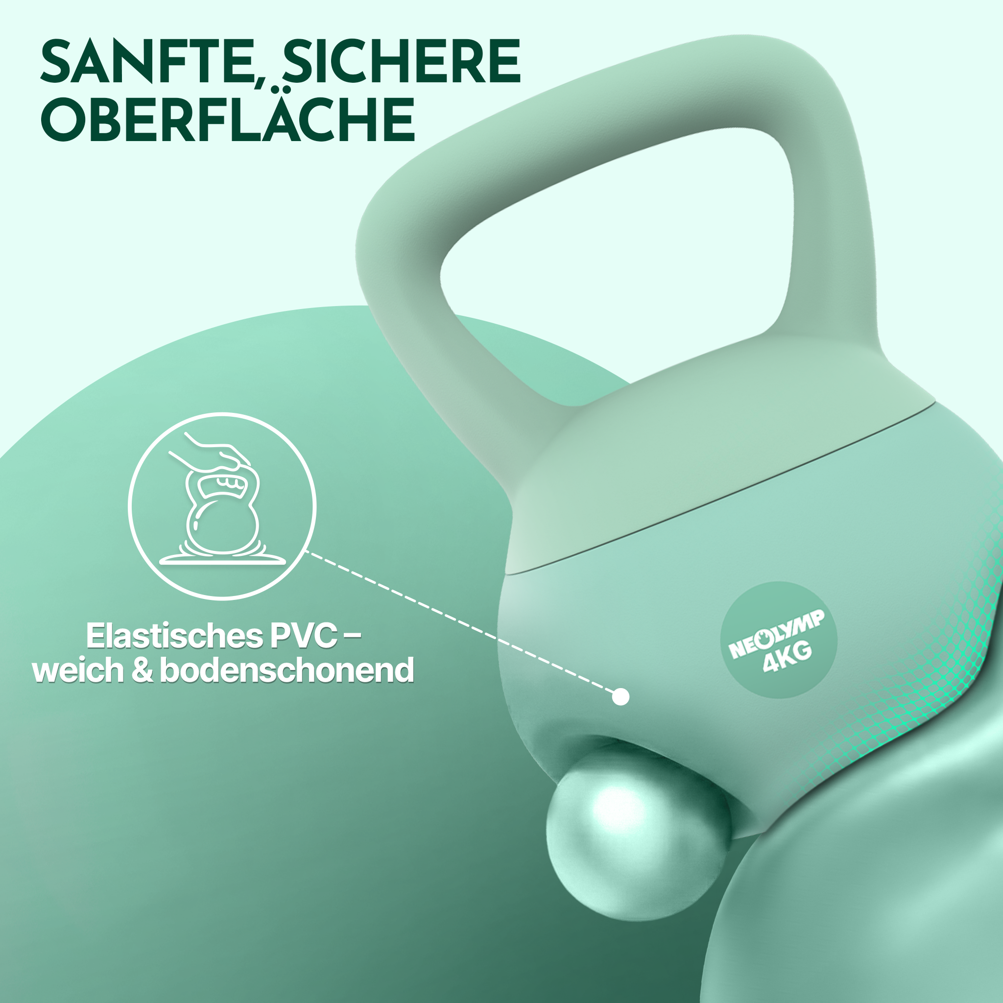 Eine mintgrüne Kettlebell mit der Aufschrift NEOLYMP 4KG liegt auf einer sanften Oberfläche.