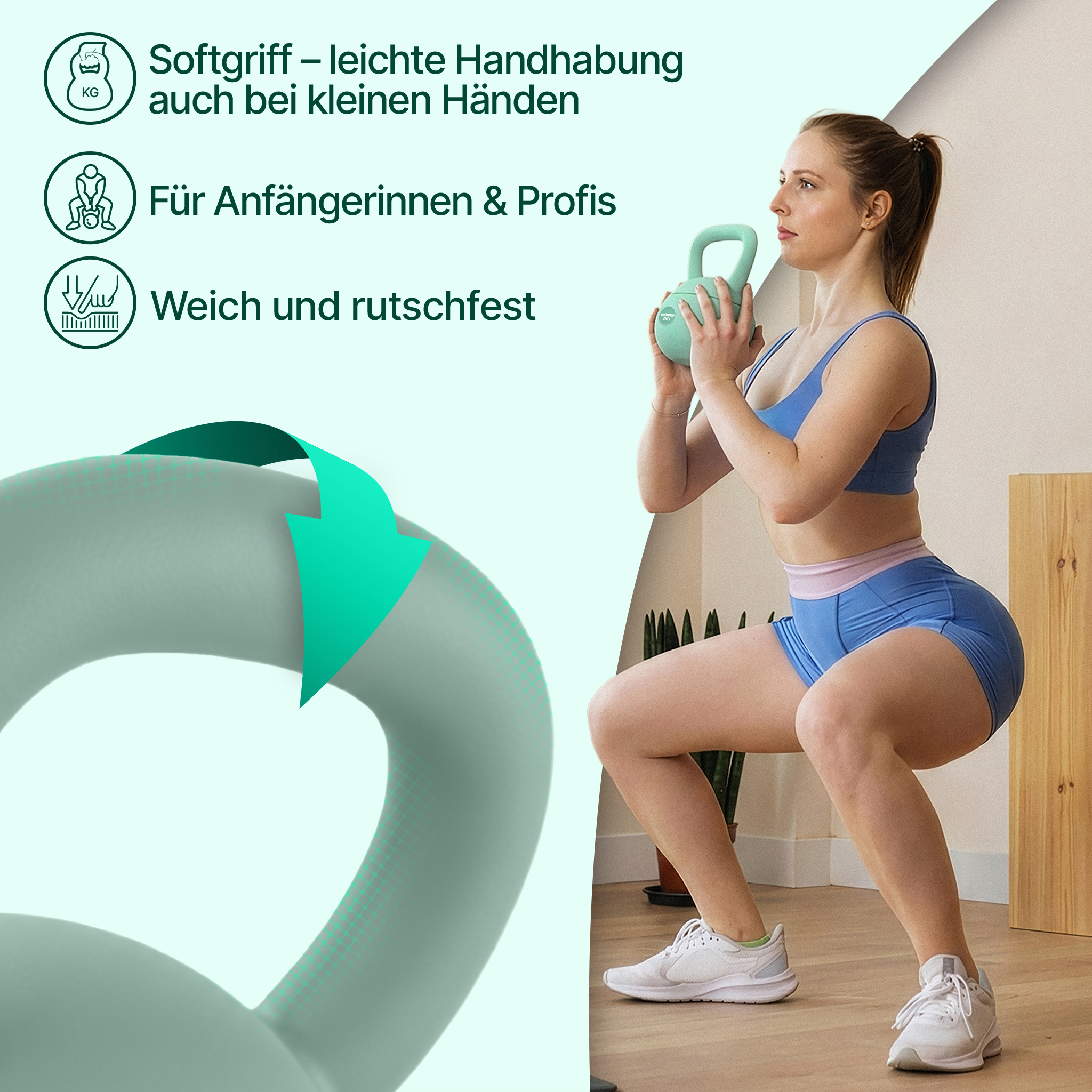 Eine Frau macht einen Kniebeuge mit einem mintgrünen Kettlebell.