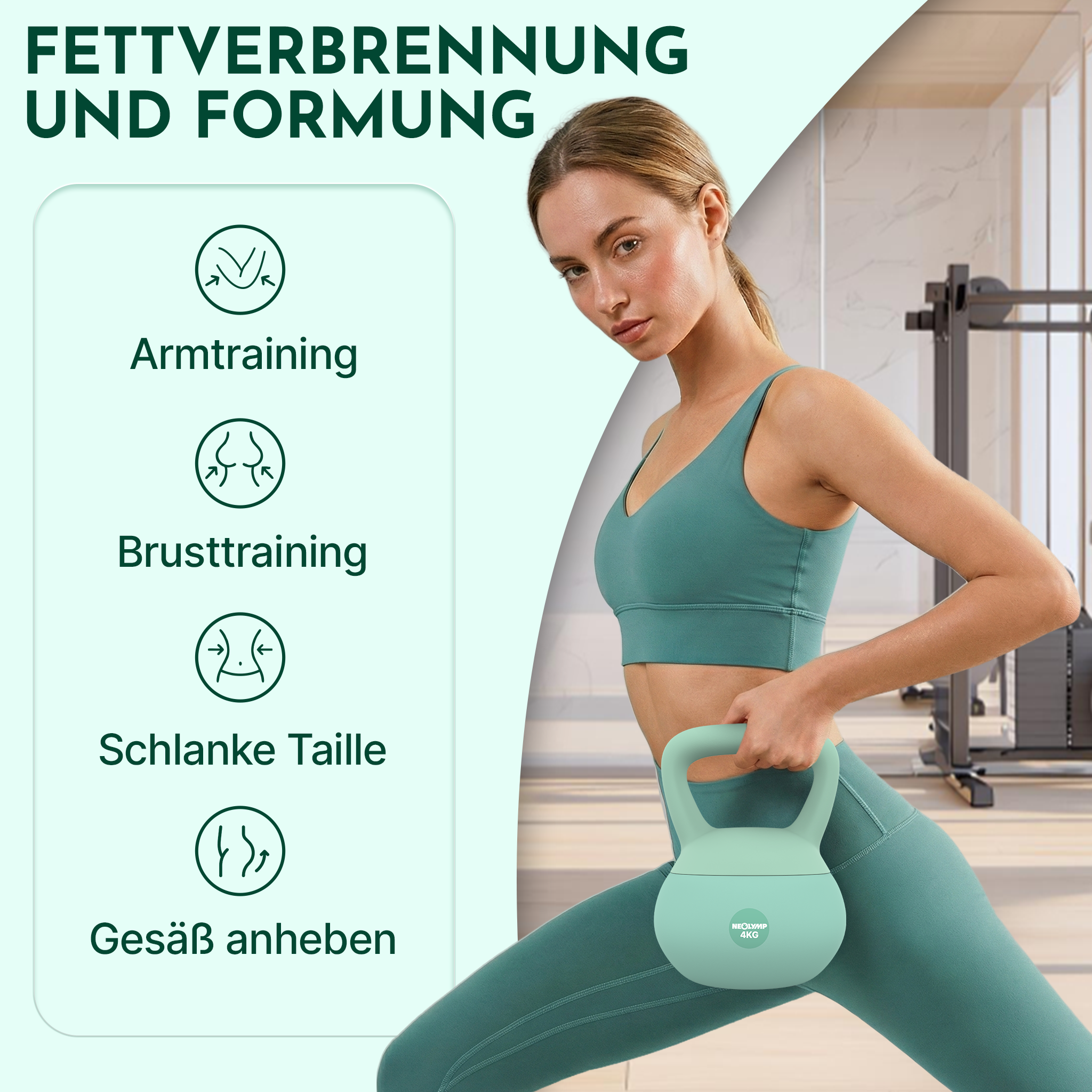 Frau mit Kettlebell vor Trainingsgeräten, Text über Fettverbrennung