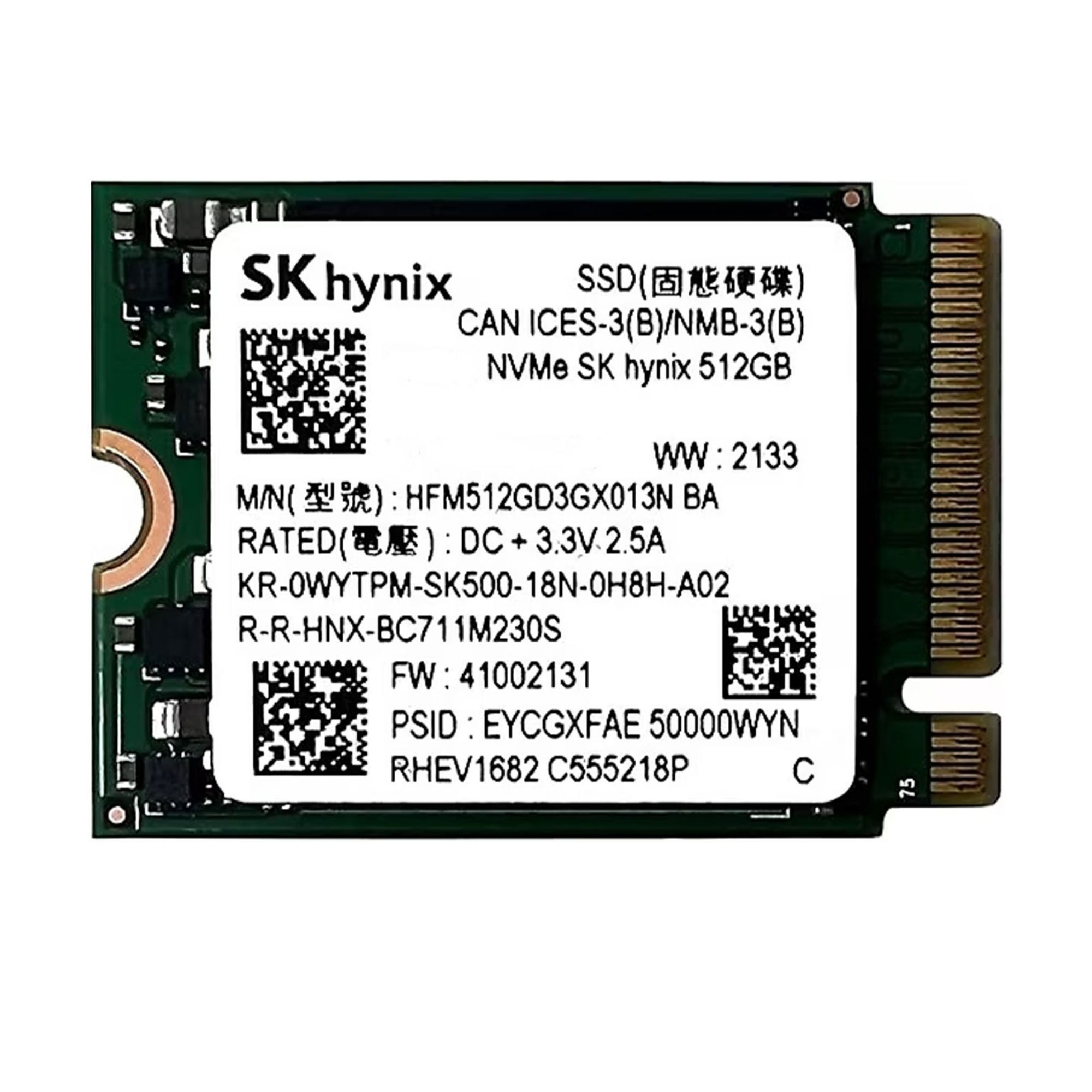 SK hynix 512GB NVMe SSD devre kartı, QR kodları ve teknik özellikler.