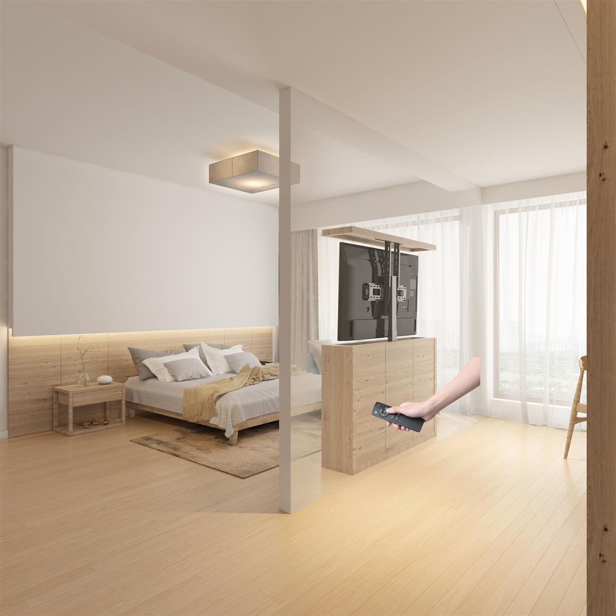 Ein Schlafzimmer mit einem Bett, Nachttisch und einem versteckten Fernseher, der von einer Hand bedient wird.