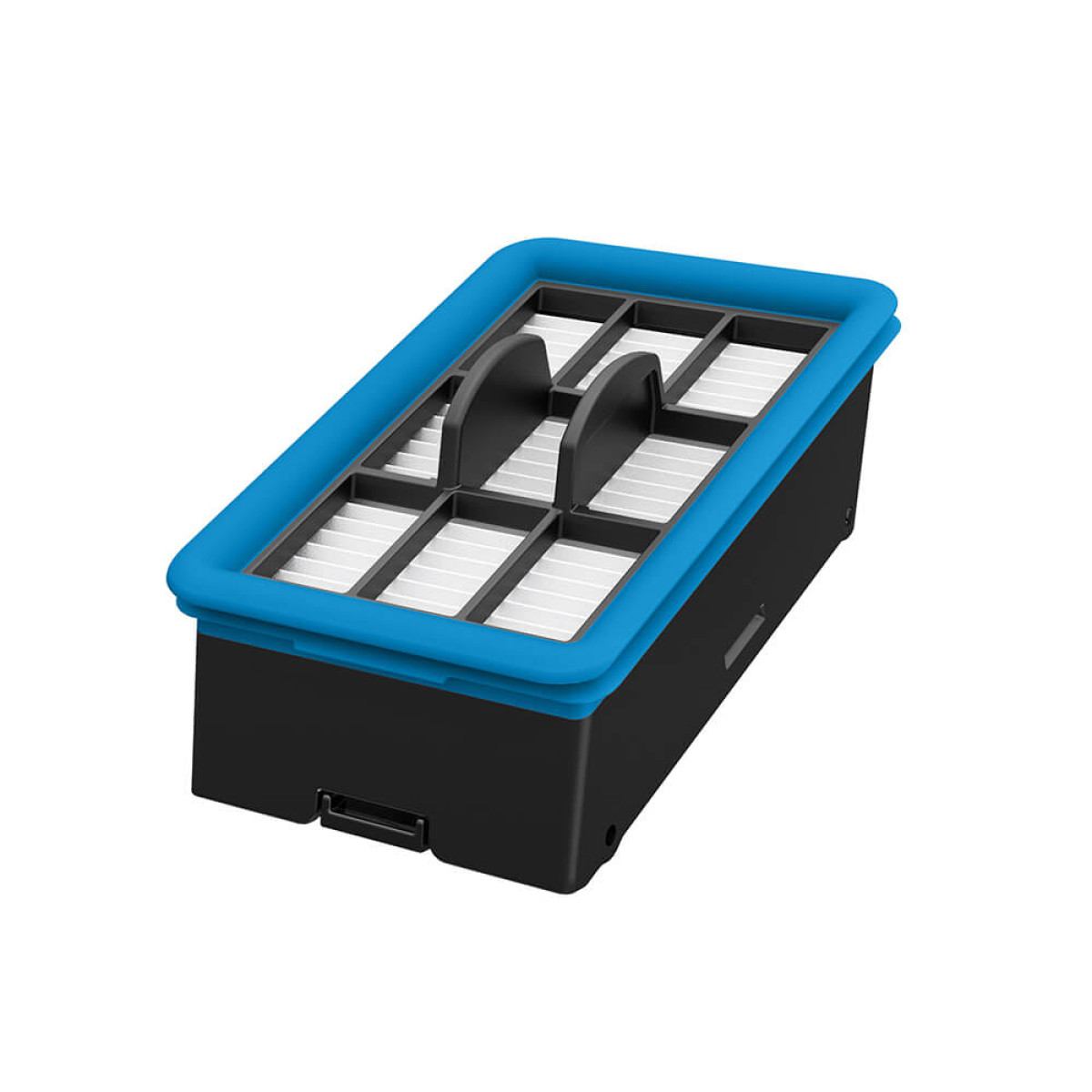 Contenitore nero con bordo blu e filtri bianchi in sei scomparti.