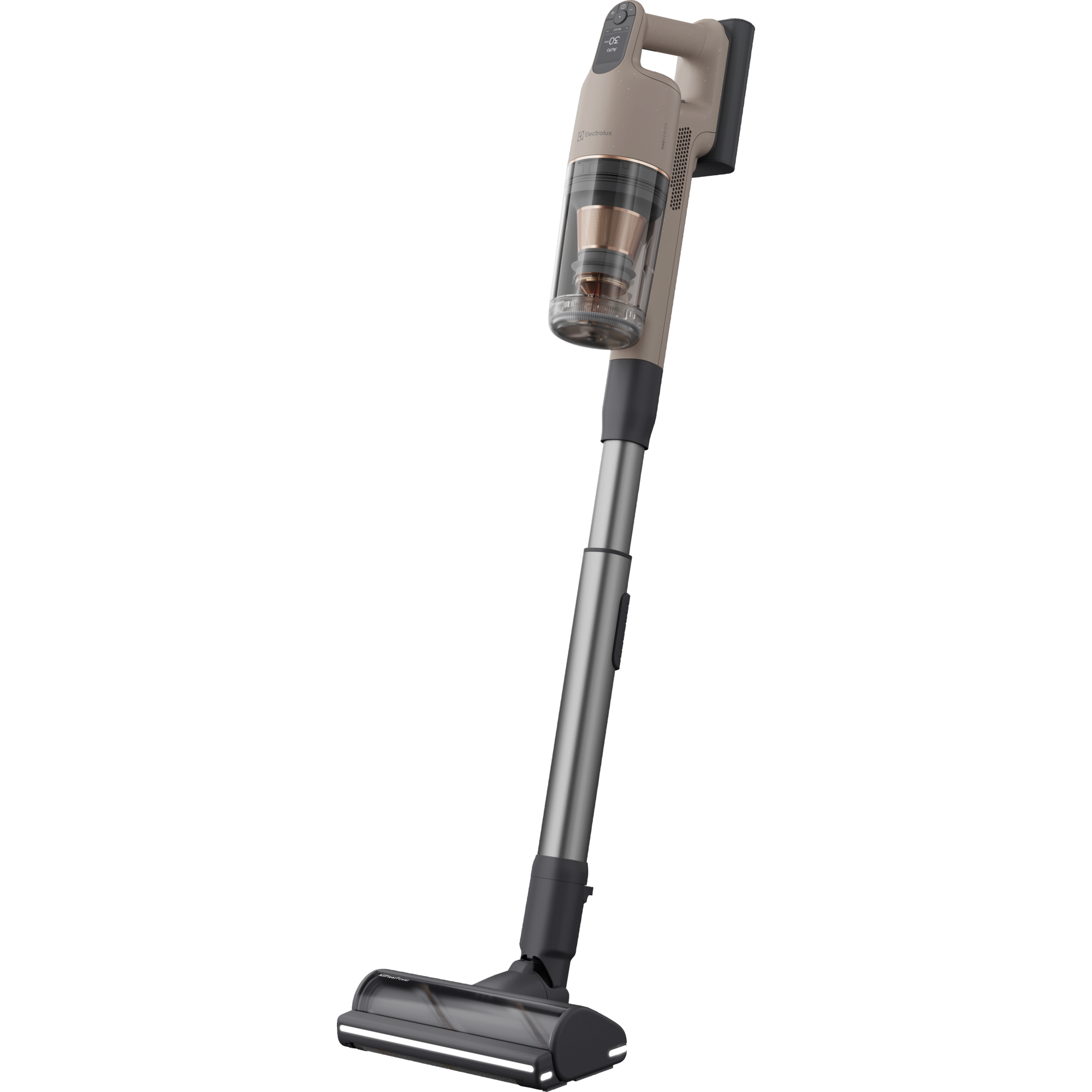 Un aspirapolvere senza fili beige con contenitore trasparente su sfondo nero.