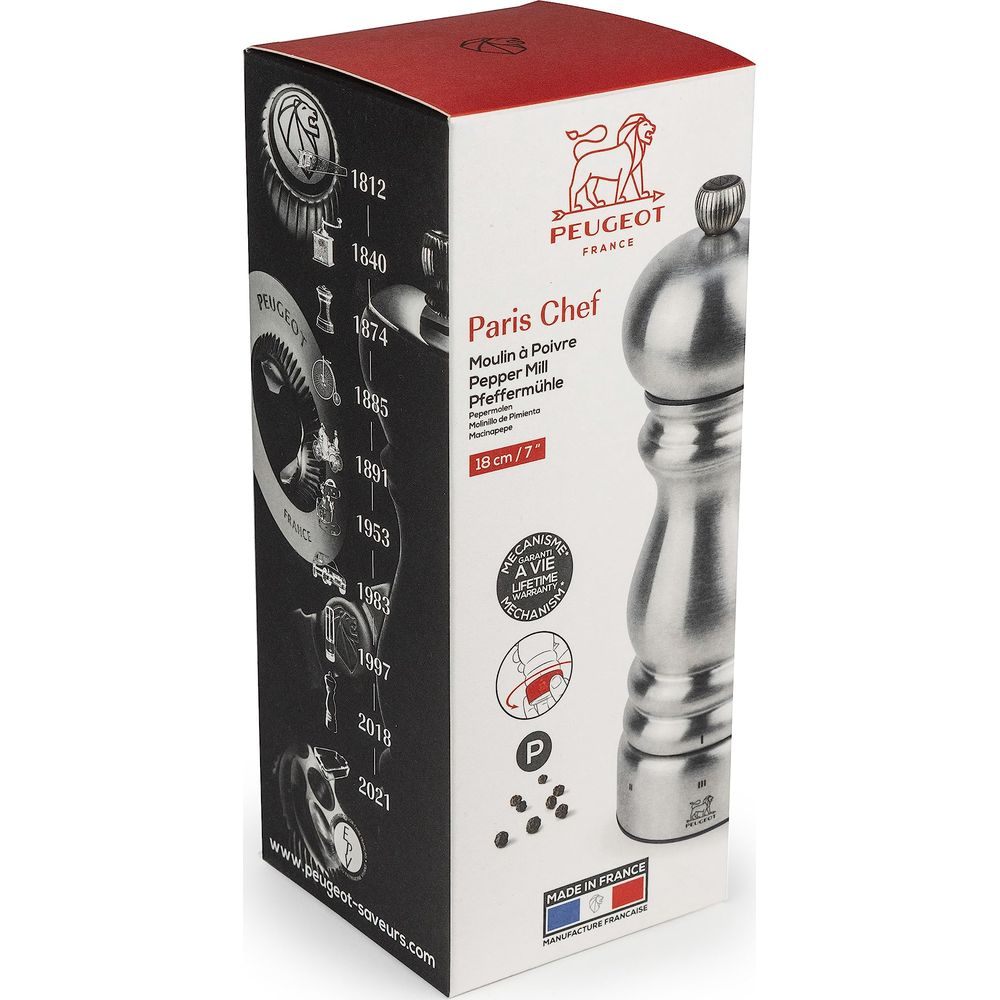 Verpackung einer Peugeot Paris Chef Pfeffermühle, 18 cm, mit detaillierter Vorder- und Rückseite.