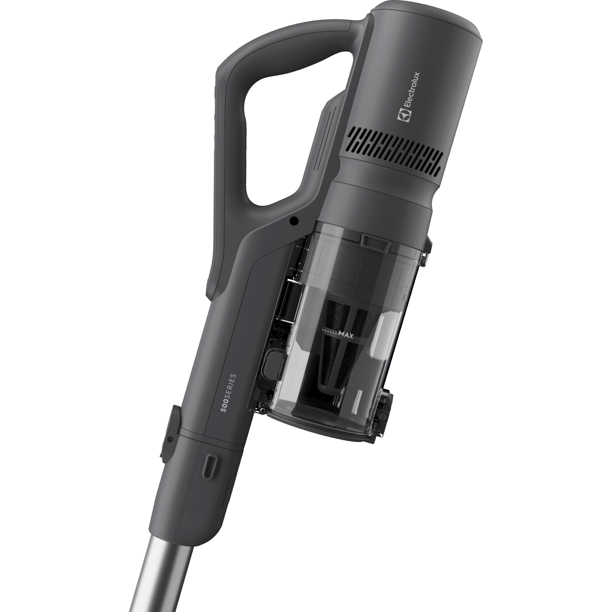 Aspirapolvere portatile grigio con contenitore polvere trasparente e logo Electrolux.
