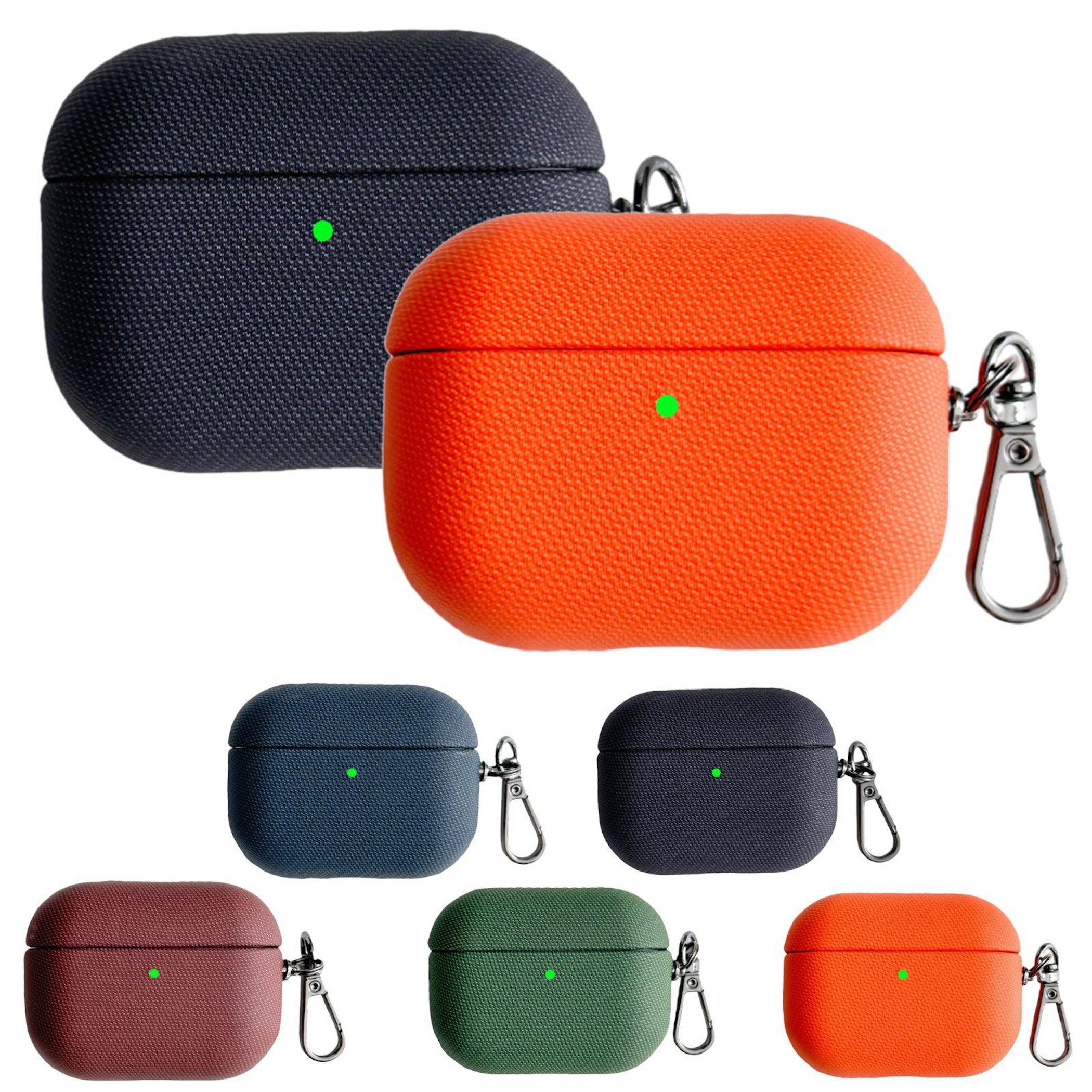 Mñltiples estuches texturizados para auriculares en varios colores: naranja, azul marino, verde oscuro, burdeos.