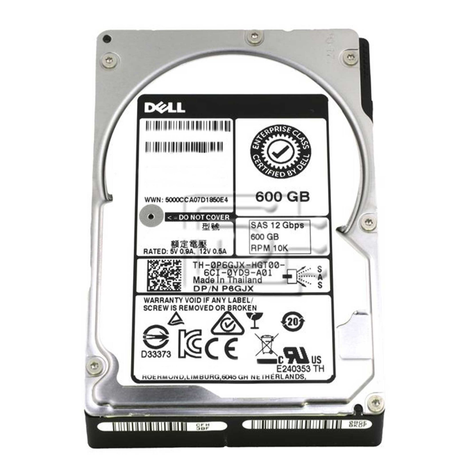 Dell 600 GB SAS sabit disk etiketler ve sertifikalar.
