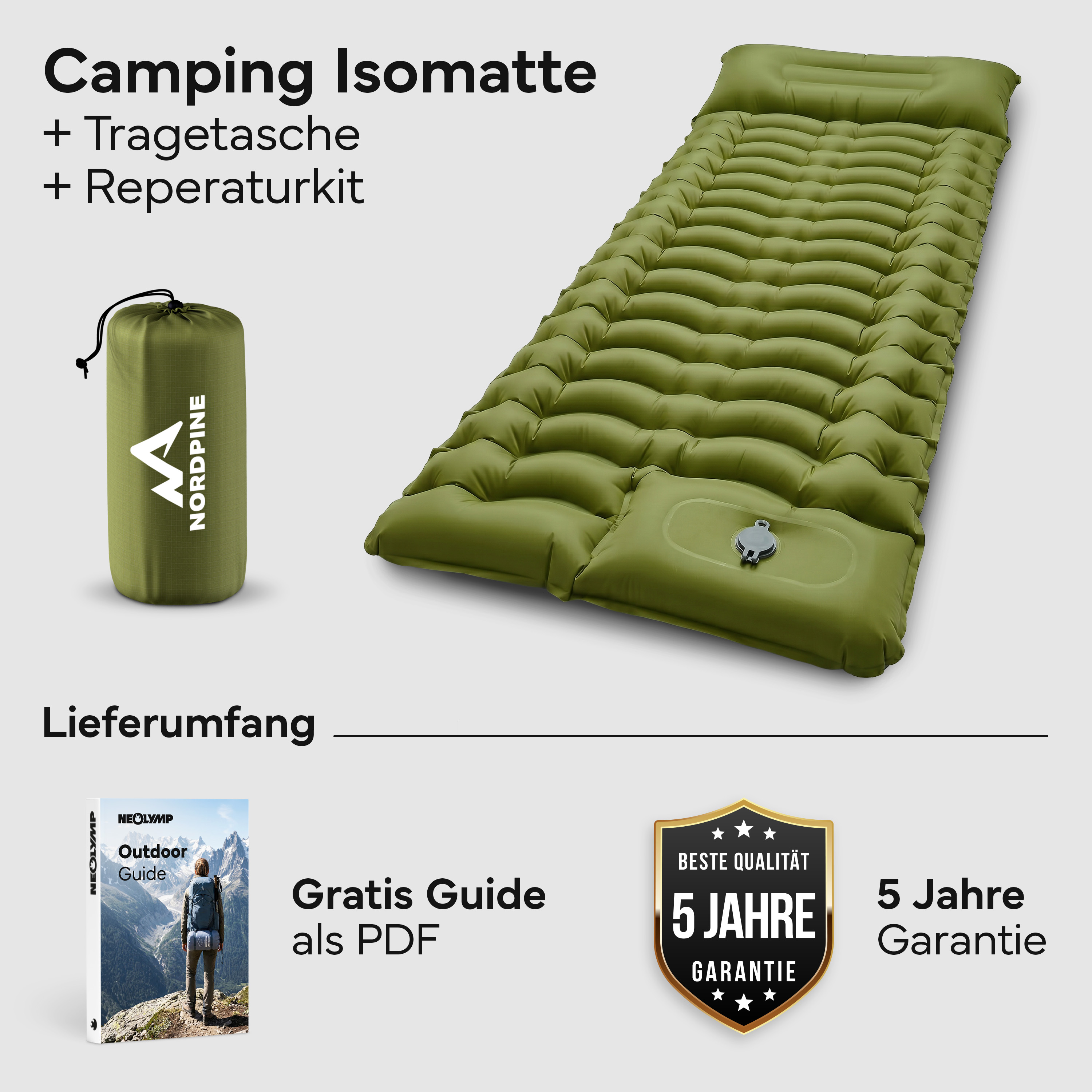 Grüne Camping Isomatte mit Tragetasche, Reparaturkit, Guide und 5 Jahre Garantie.