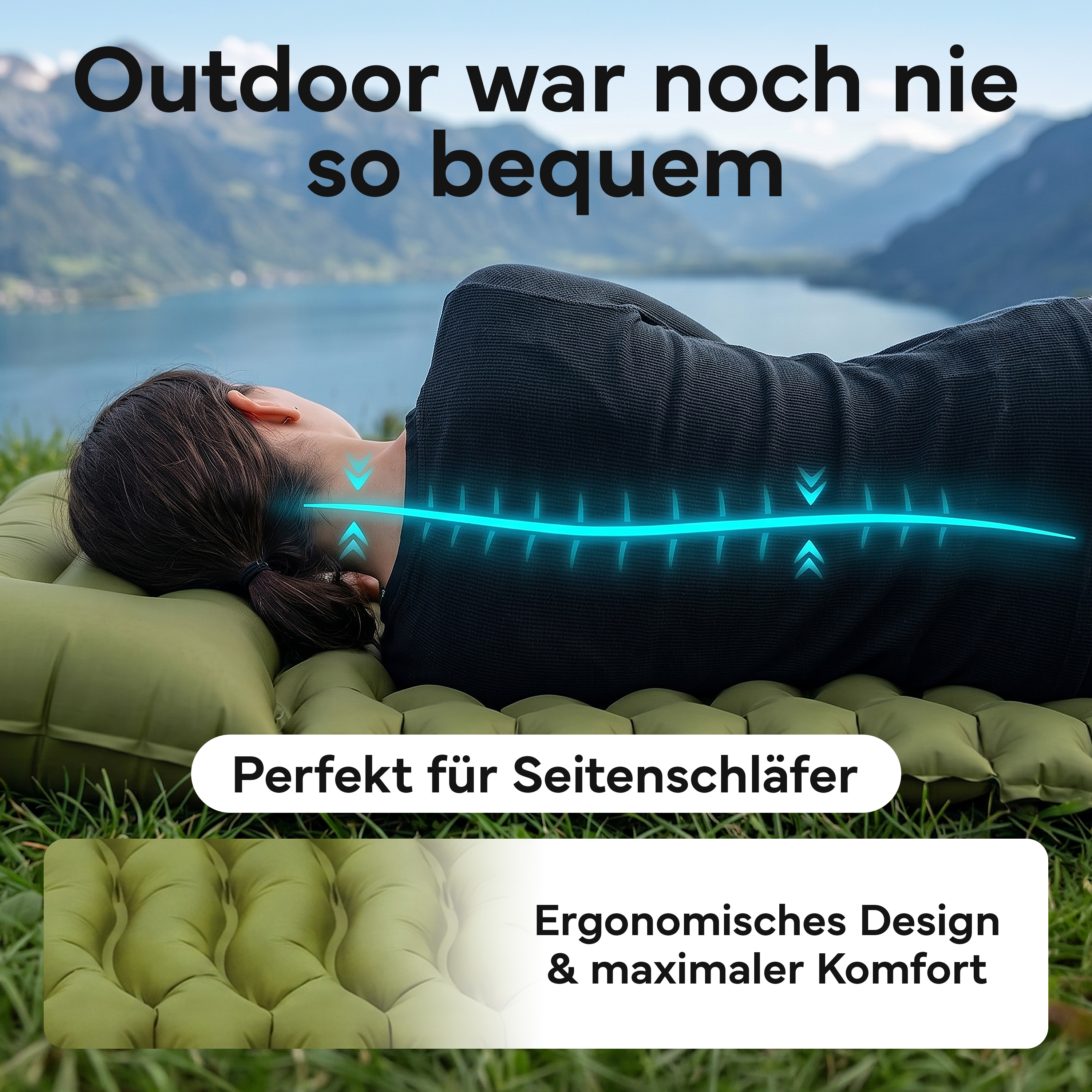 Person liegt auf einer grünen Luftmatratze in der Natur, Berge im Hintergrund.
