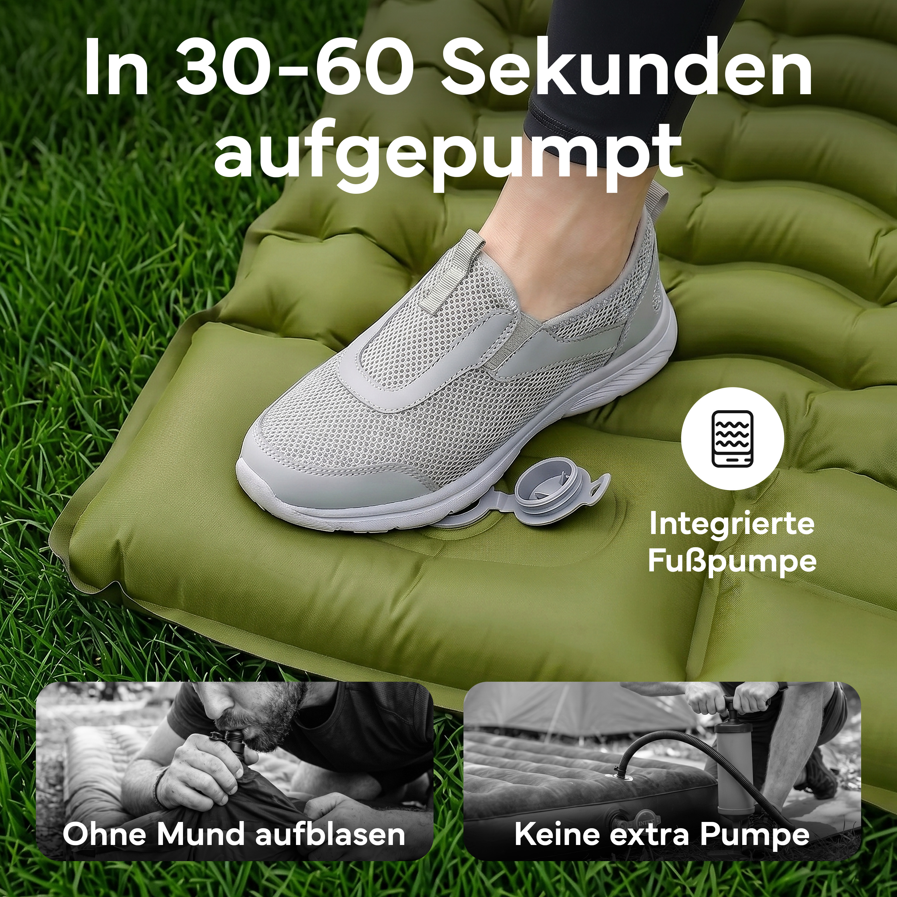 Grüne Luftmatratze mit Fußpumpe im Gras. Mann pumpt sie auf.
