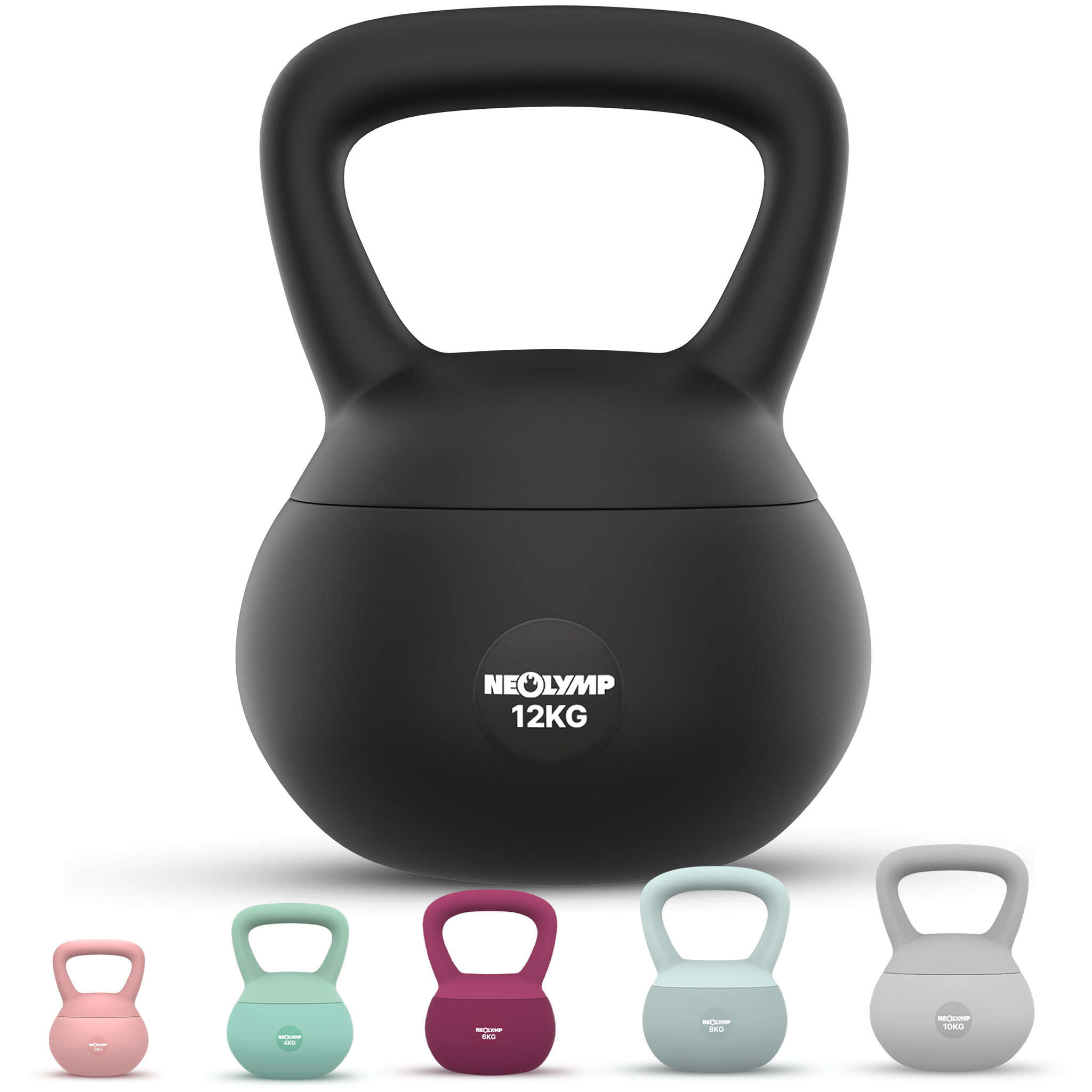 Schwarze 12kg Kettlebell und kleinere bunte Kettlebells daneben.