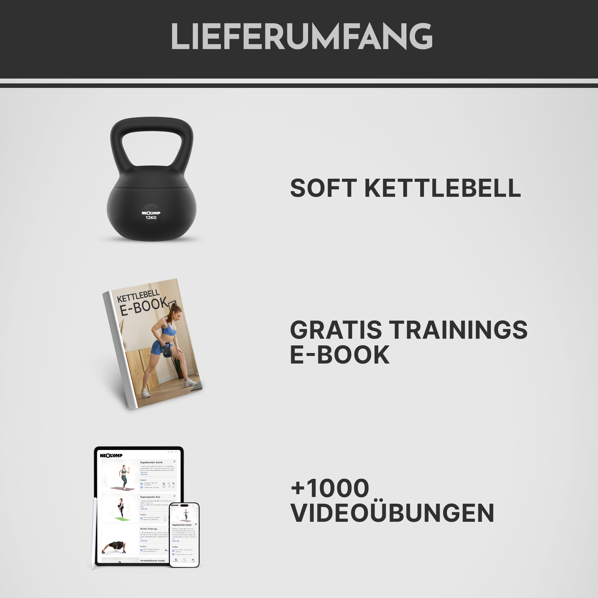 Ein schwarzer Kettlebell, E-Book und Tablet mit Trainings.