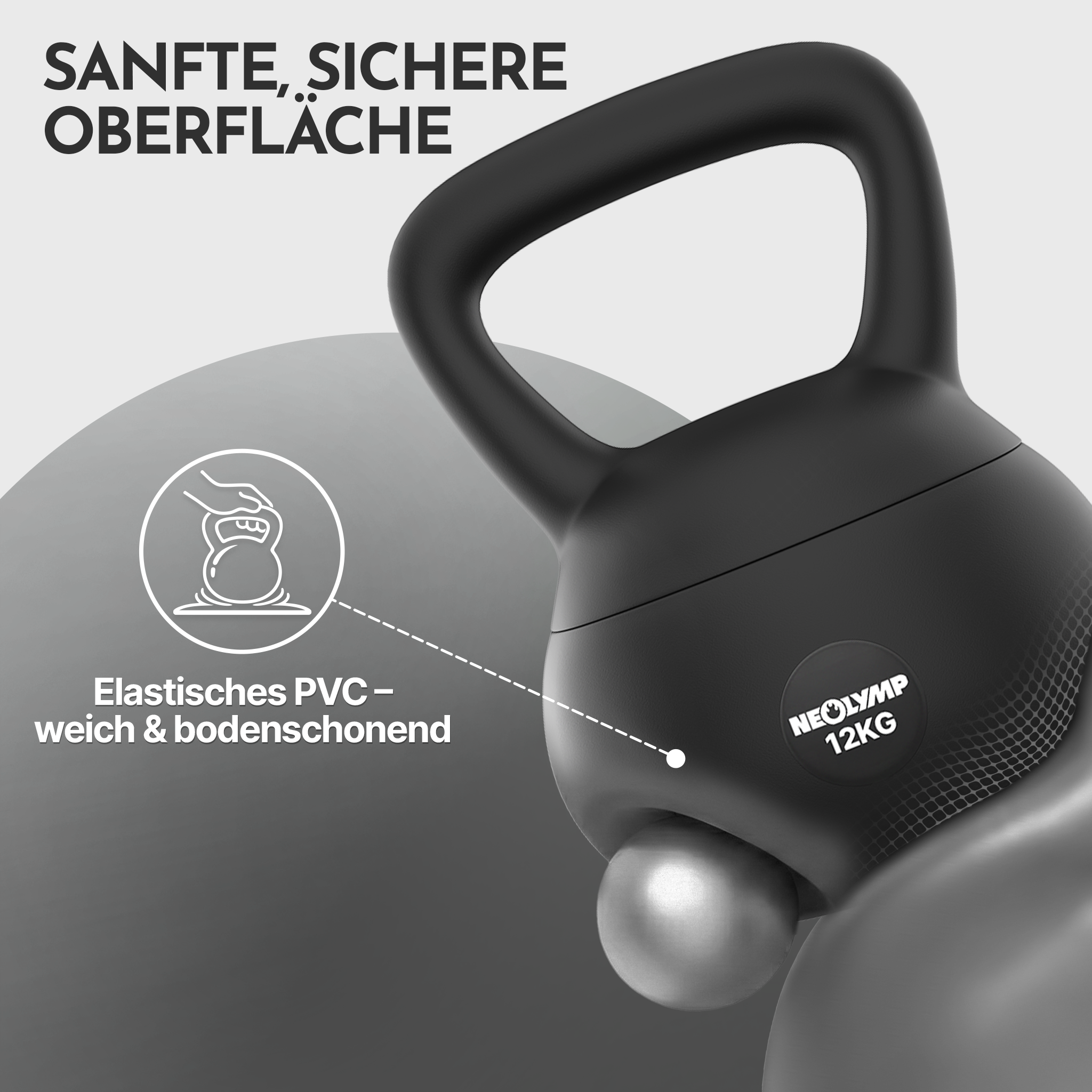 Schwarze 12kg Kettlebell mit silberner Basis.