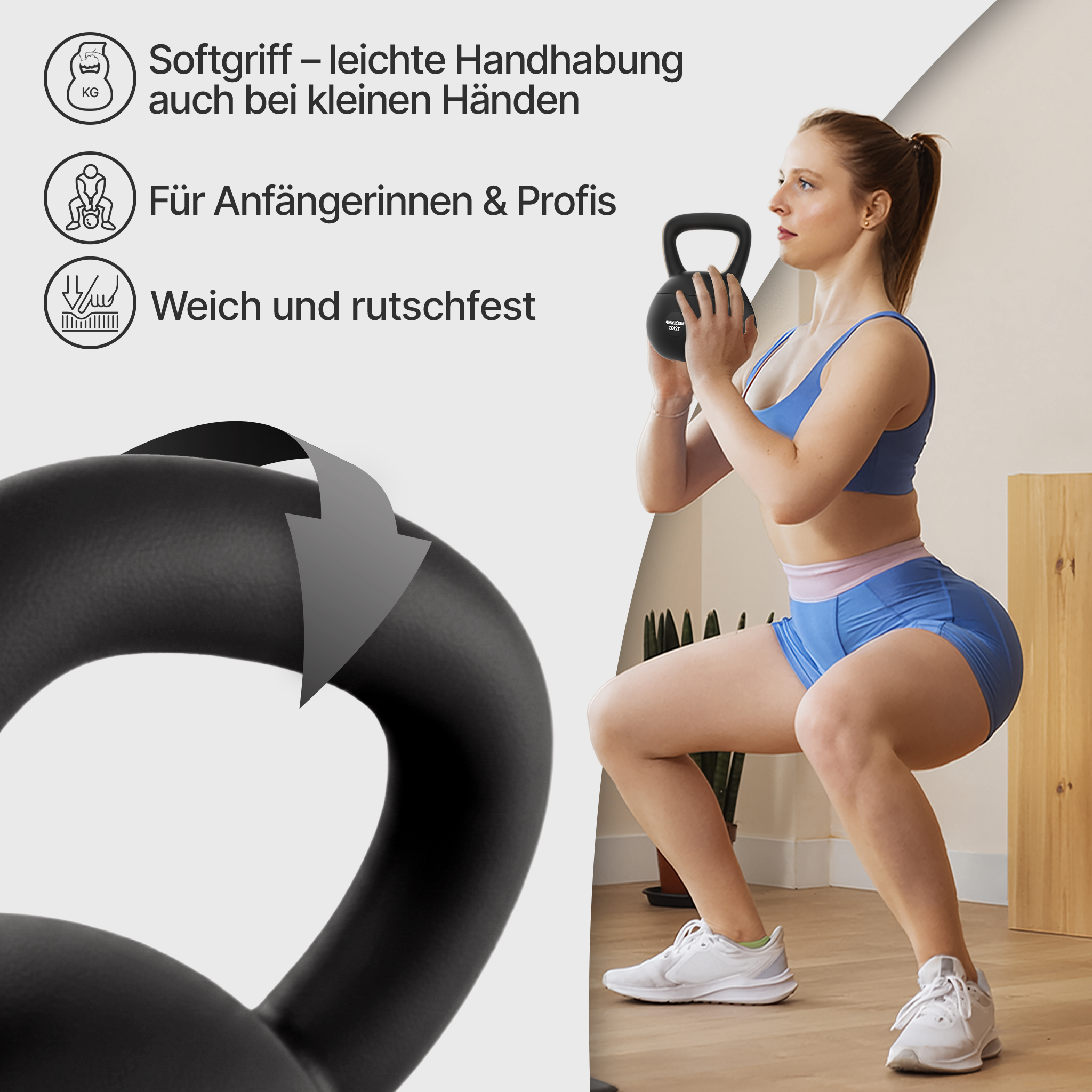 Eine Frau macht Kniebeugen mit einer Kettlebell. Links sind Produktvorteile.