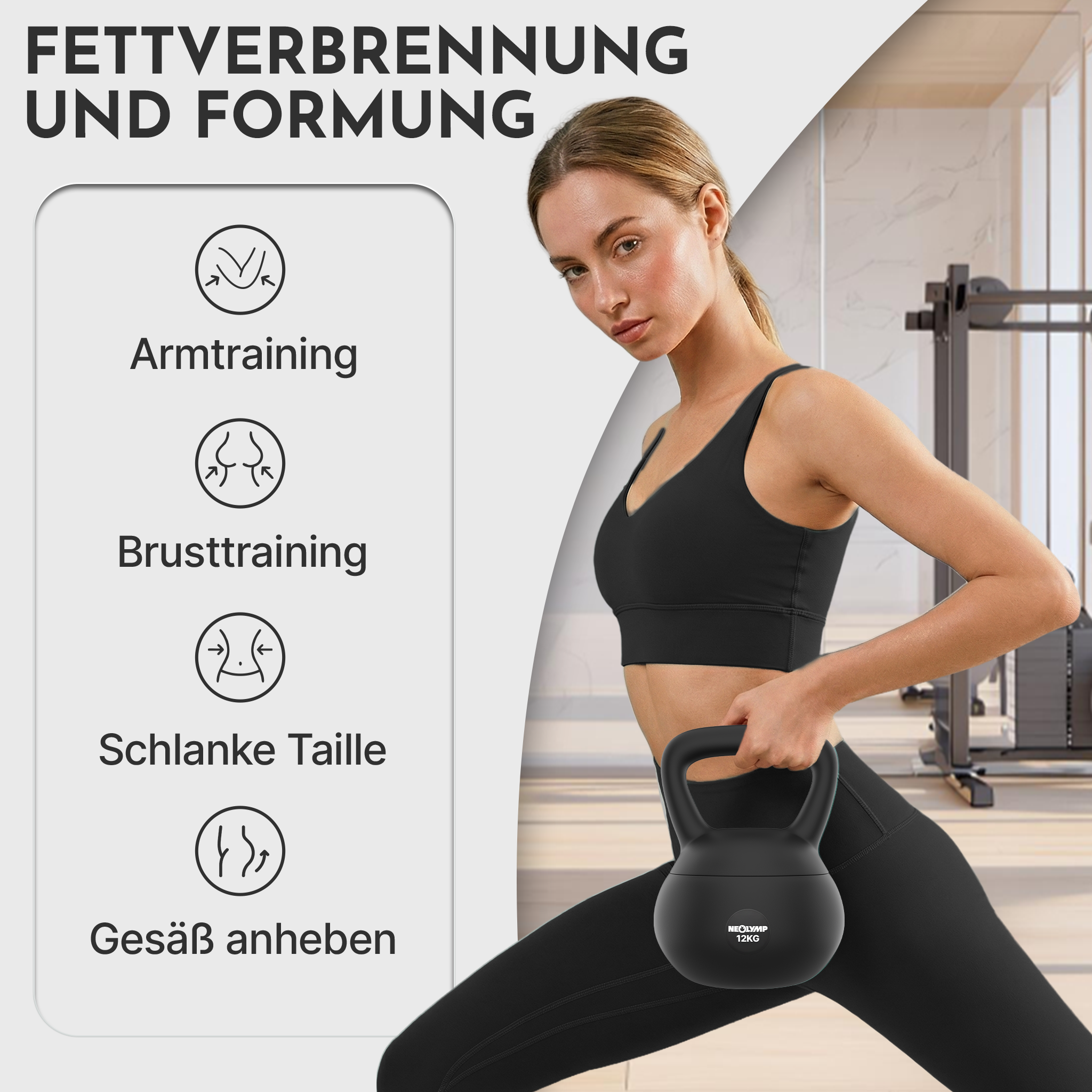 Frau in schwarzer Sportkleidung hält eine 12kg Kettlebell mit Trainingssymbolen.
