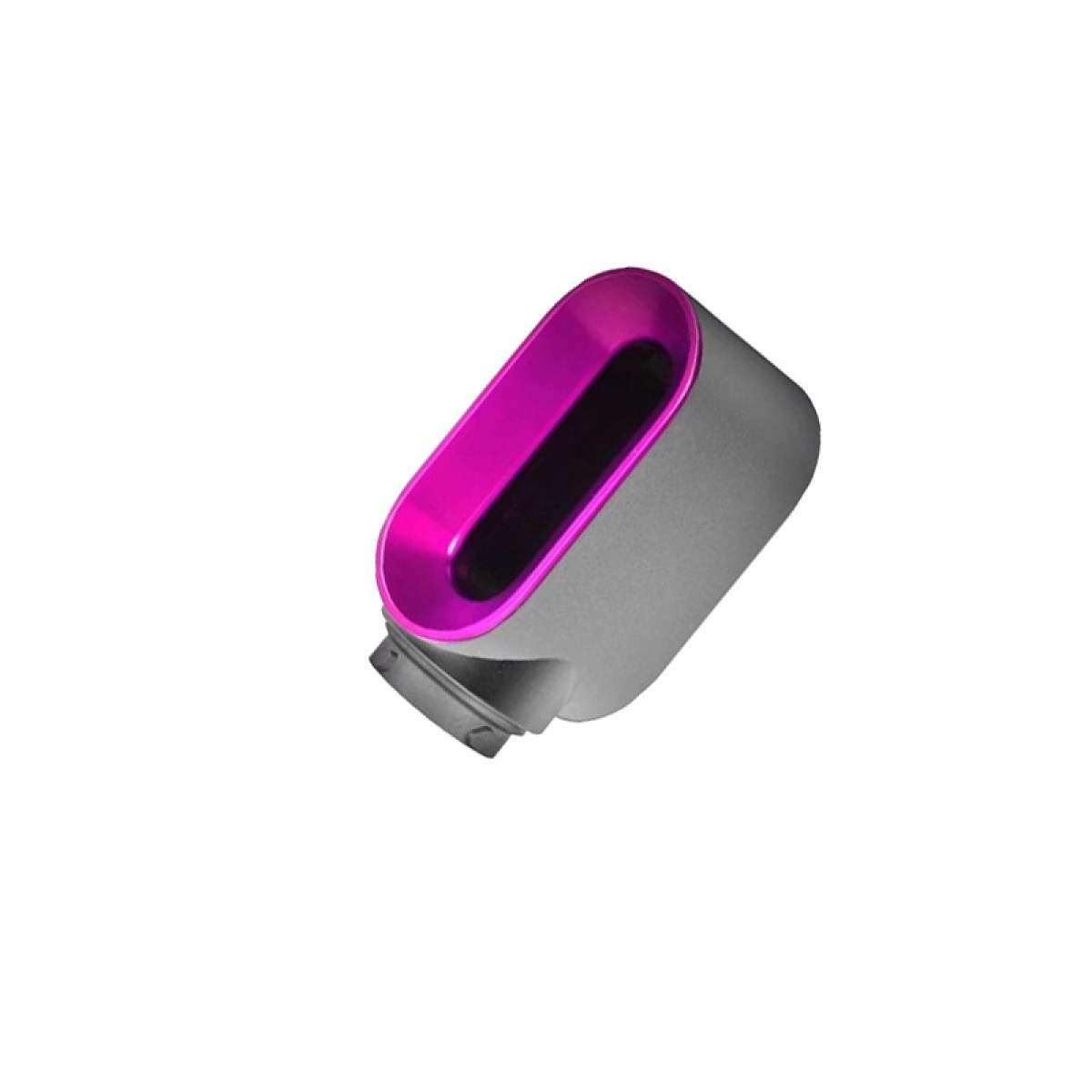 Un accessorio grigio per asciugacapelli con bordo rosa.