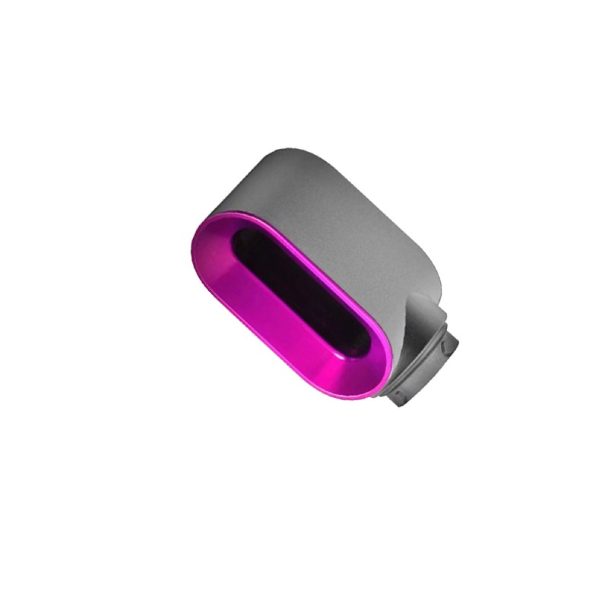 Accessorio grigio per asciugacapelli con bordo rosa, isolato.