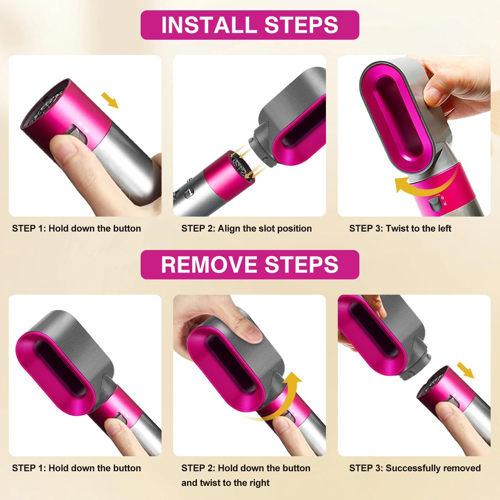 Passaggi per installare e rimuovere un accessorio per asciugacapelli.