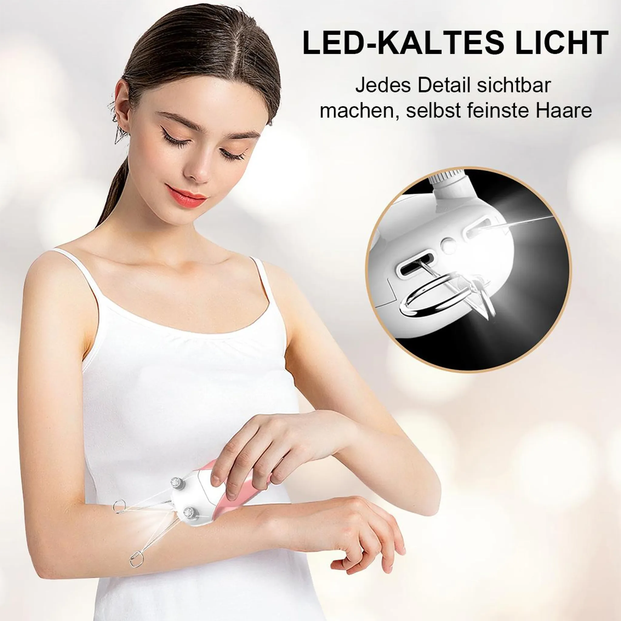 Eine Frau benutzt einen Epilierer mit LED-Licht an ihrem Arm.