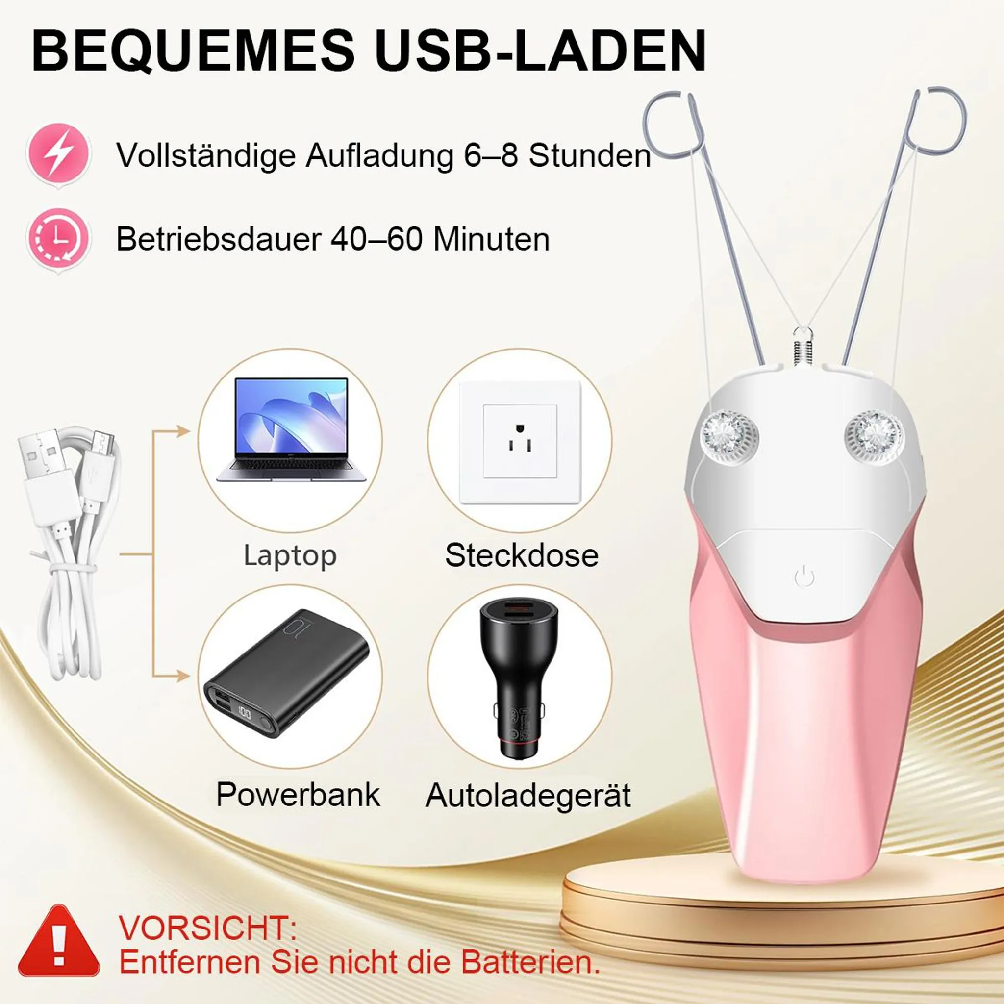 Pinker und weißer Epilierer mit USB-Ladeoptionen: Laptop, Powerbank, Steckdose, Autoadapter.