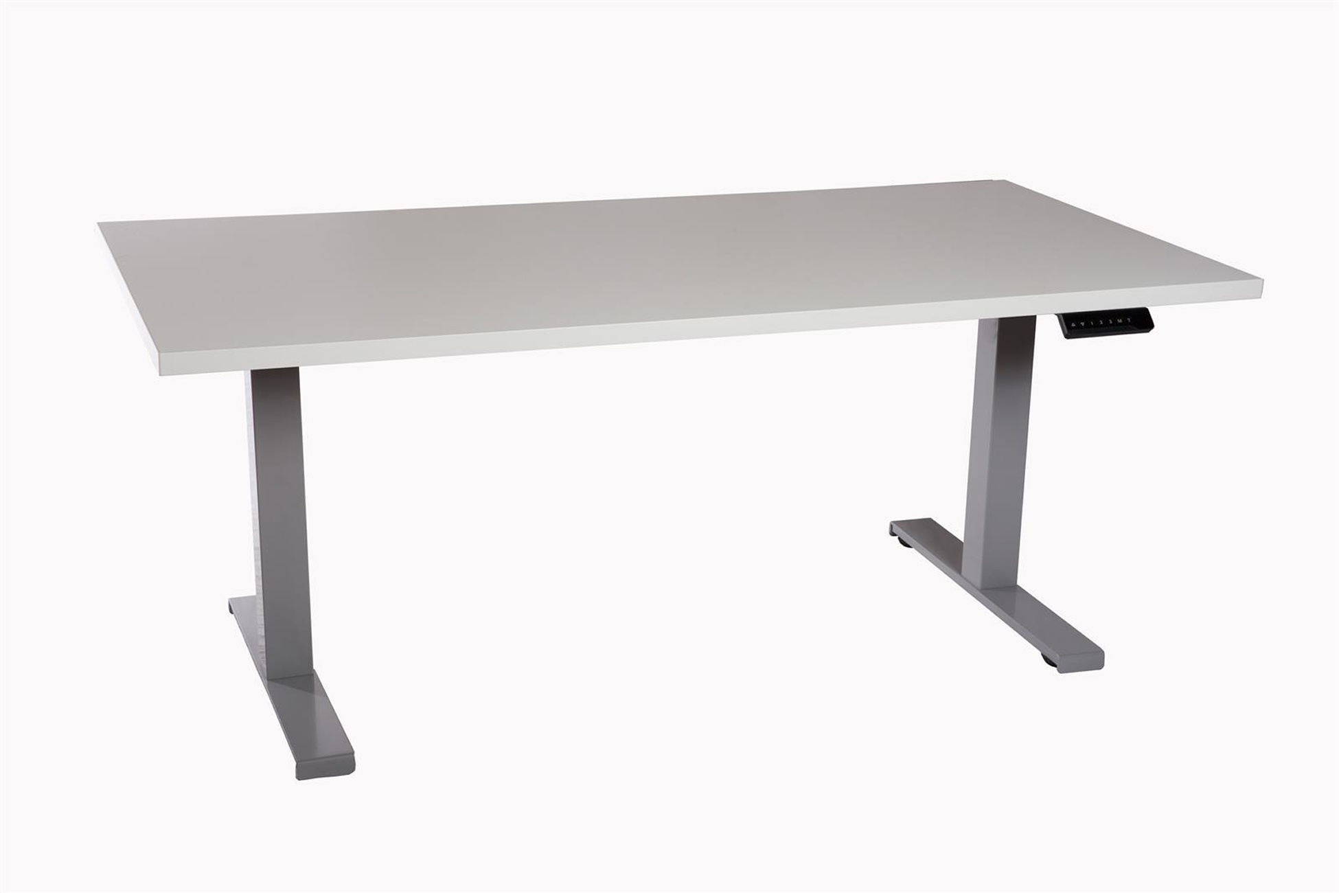 Ein grauer höhenverstellbarer Schreibtisch mit weißer Platte und Metallbeinen.