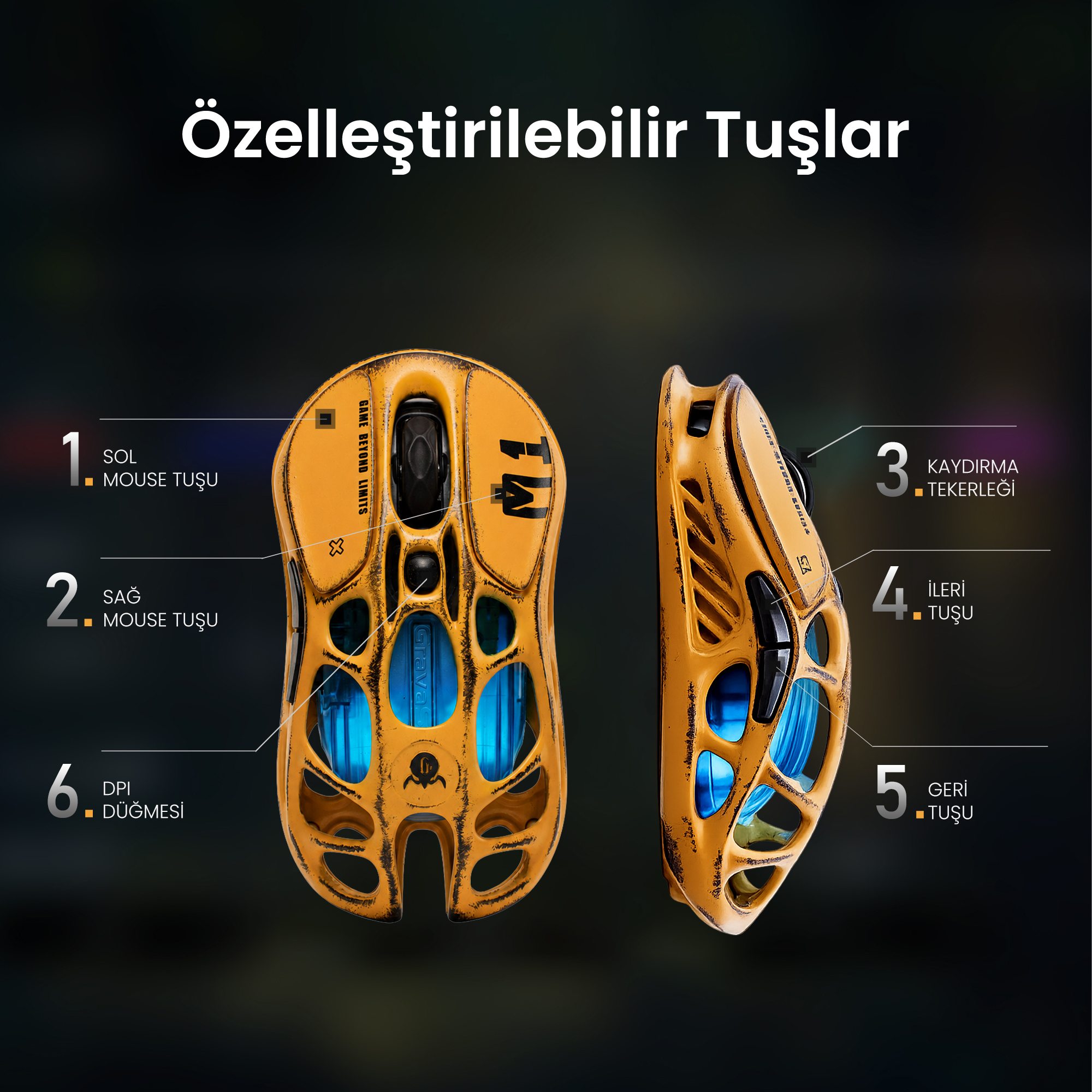 Mavi ışıklı ve düğme etiketli turuncu oyuncu faresi.